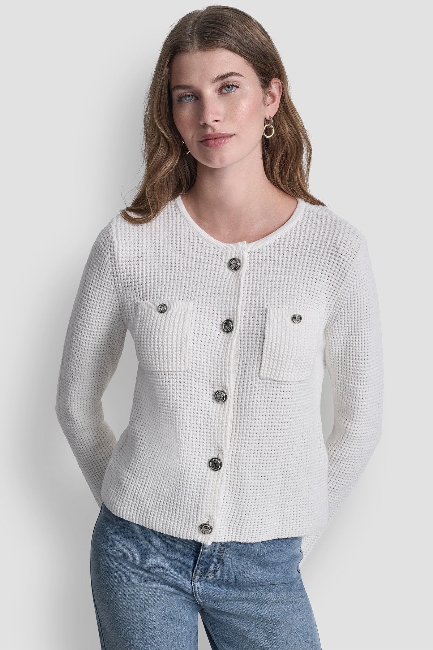 Ivory TUCK STITCH CREW NECK CARDIGAN, FRONT VIEW | DKNY JEANS