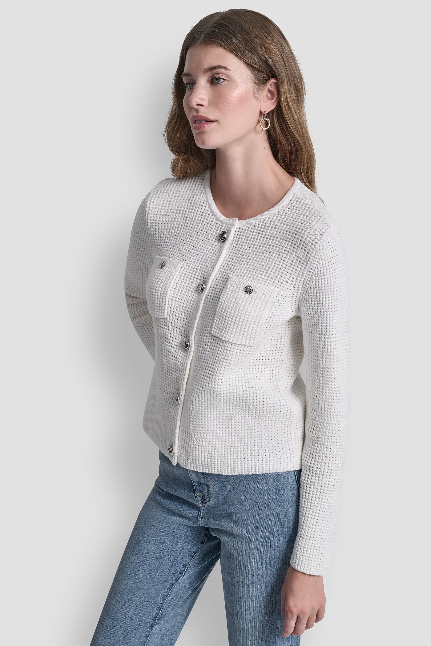 TUCK STITCH CREW NECK CARDIGAN VIEW 3 | DKNY JEANS