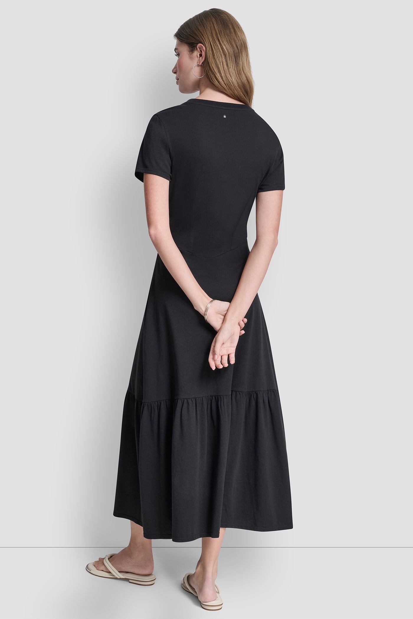 Dkny Women's Ruched Bodice Tiered MAXI Dress in Black Dkny Women's Ruched Bodice Tiered MAXI Dress in Black