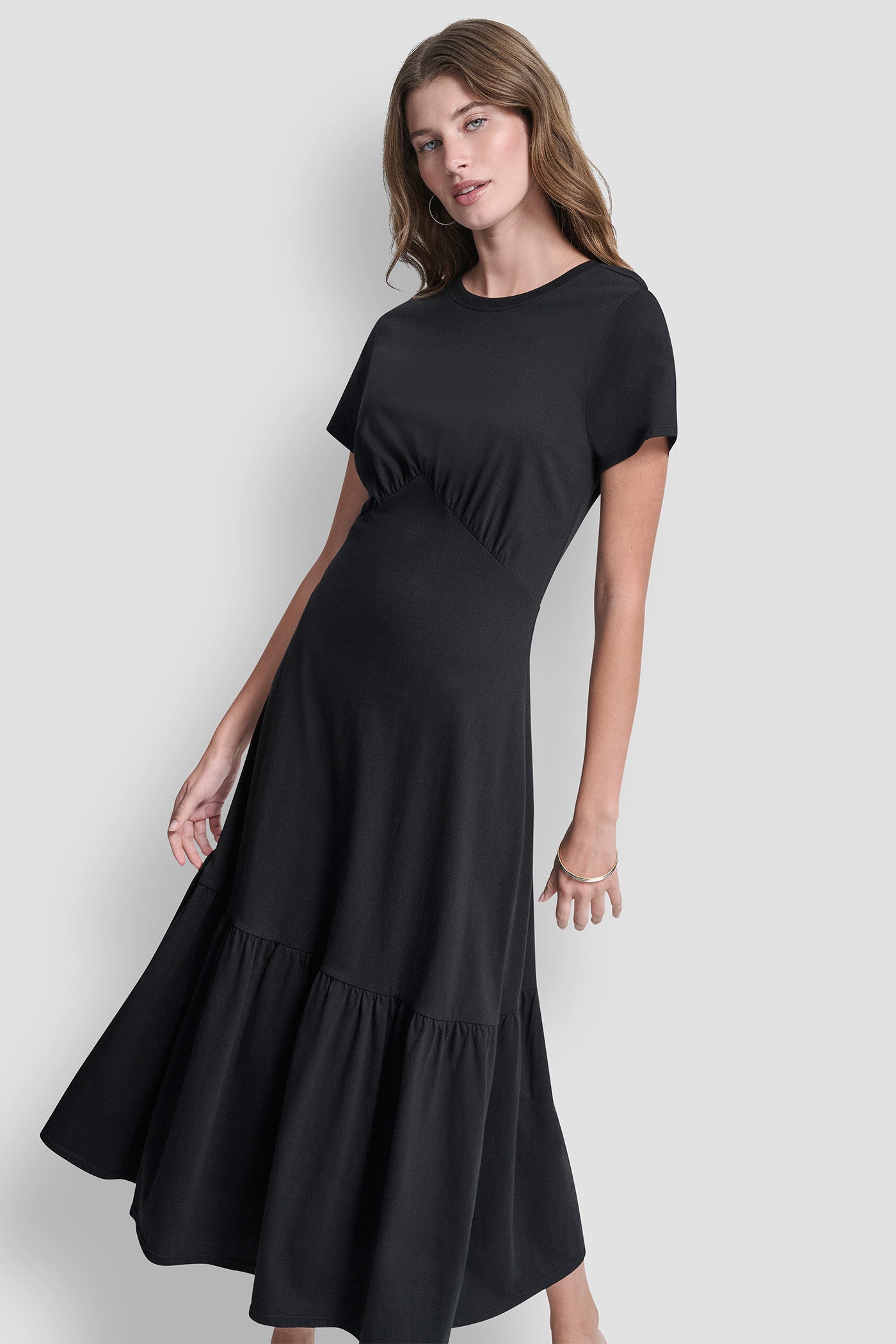 Dkny Women's Ruched Bodice Tiered MAXI Dress in Black Dkny Women's Ruched Bodice Tiered MAXI Dress in Black