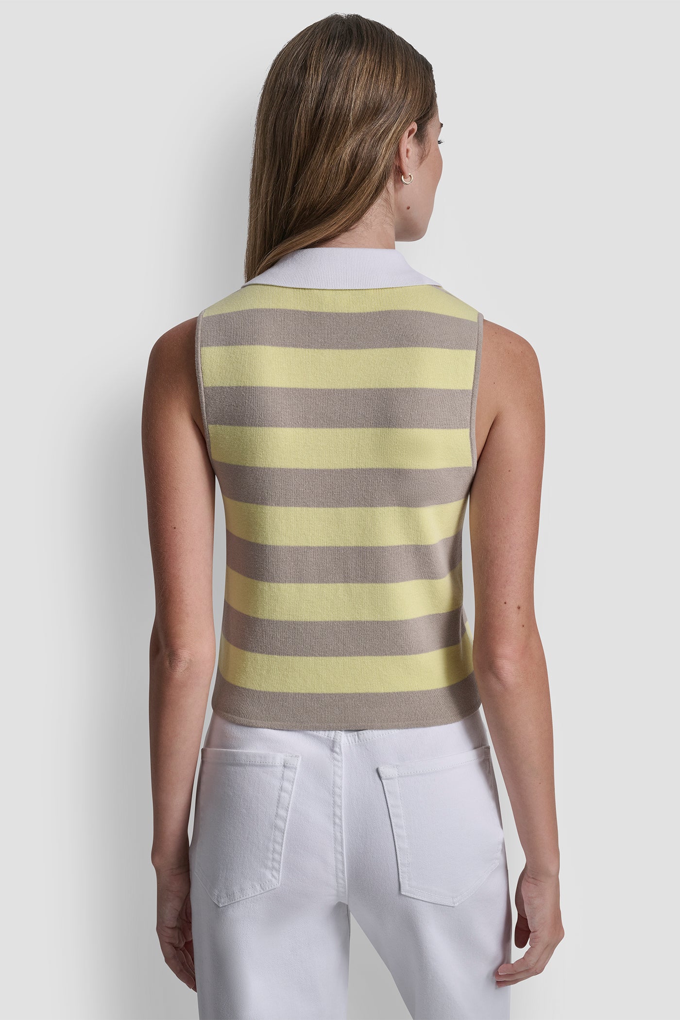 Pebble/Lemon Light/White STRIPED SLEVELESS POLO SWEATER, VIEW 2 | DKNY JEANS