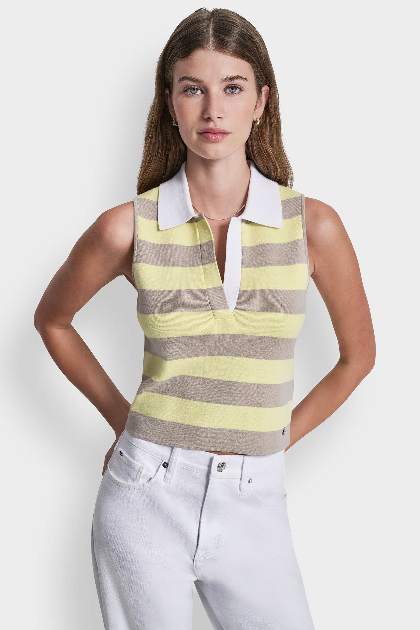 Pebble/Lemon Light/White STRIPED SLEVELESS POLO SWEATER, VIEW 2 | WOMEN'S SWEATERS & TOPS