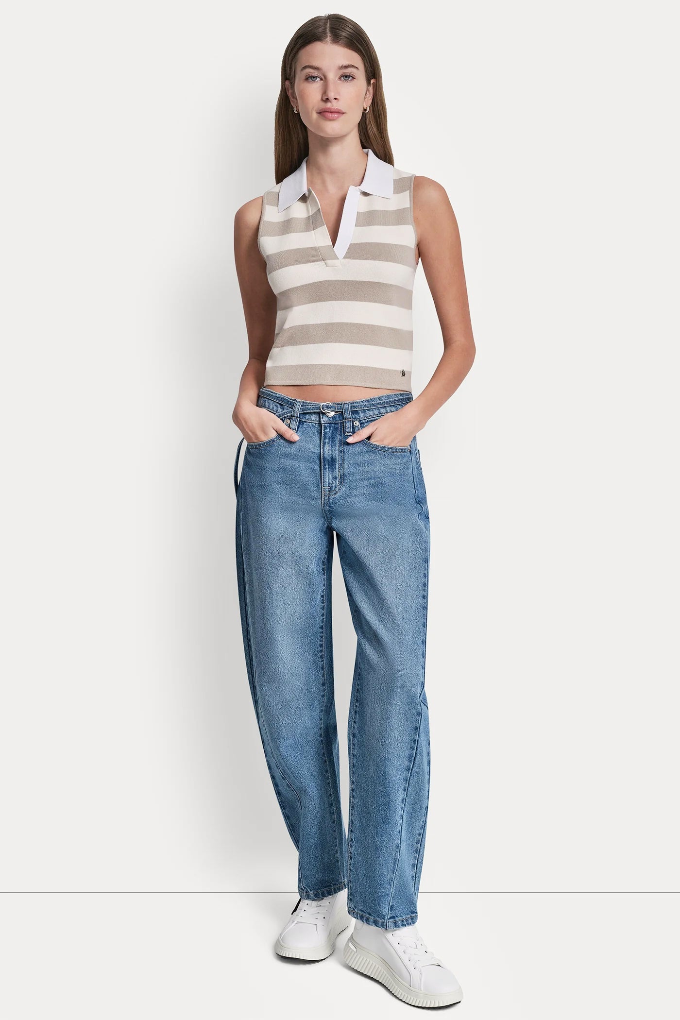 Pebble/Eggnog/White STRIPED SLEEVELESS POLO SWEATER, VIEW 2 | WOMEN'S SWEATERS & TOPS
