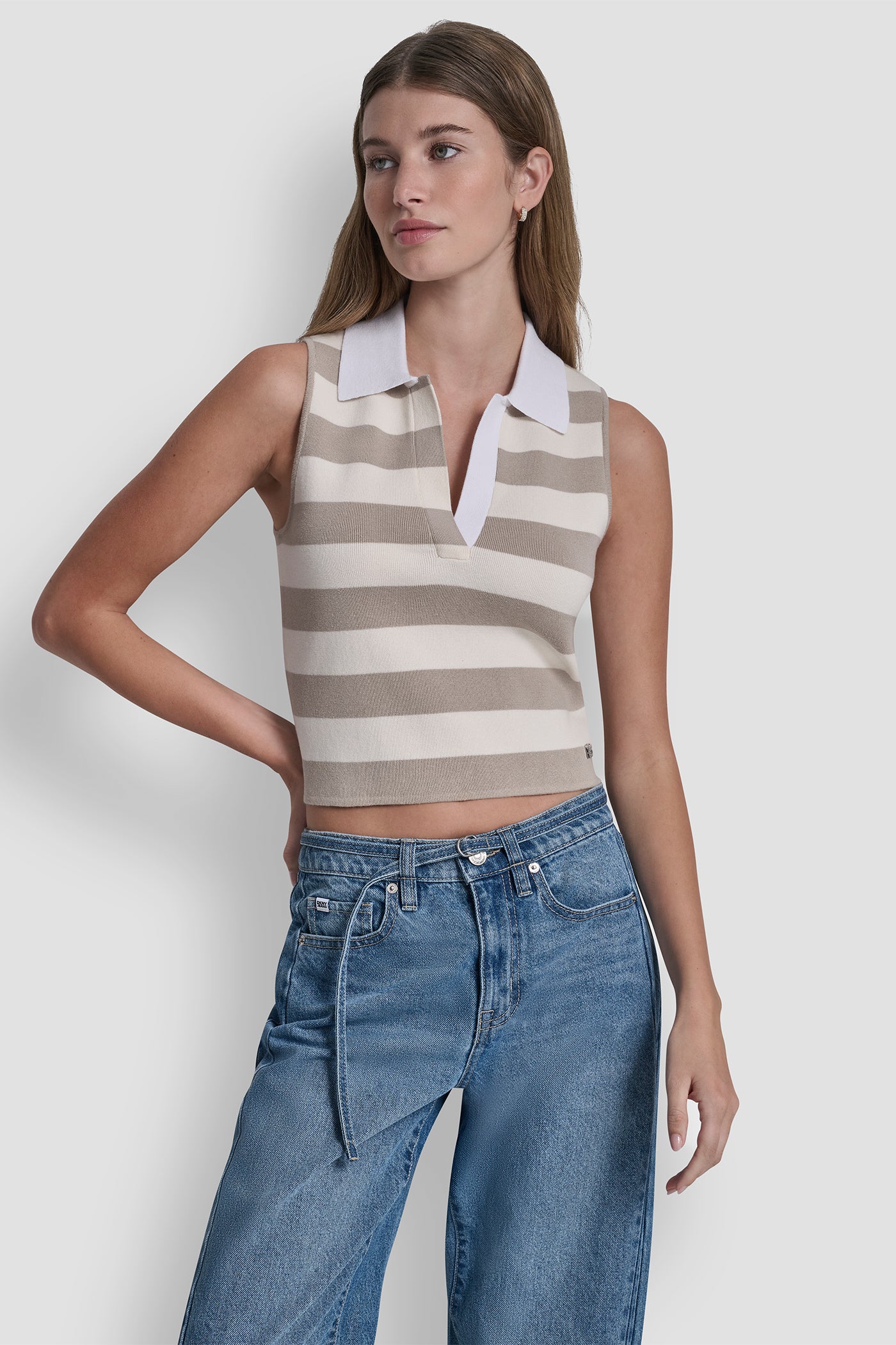 Pebble/Eggnog/White STRIPED SLEEVELESS POLO SWEATER, VIEW 2 | DKNY JEANS