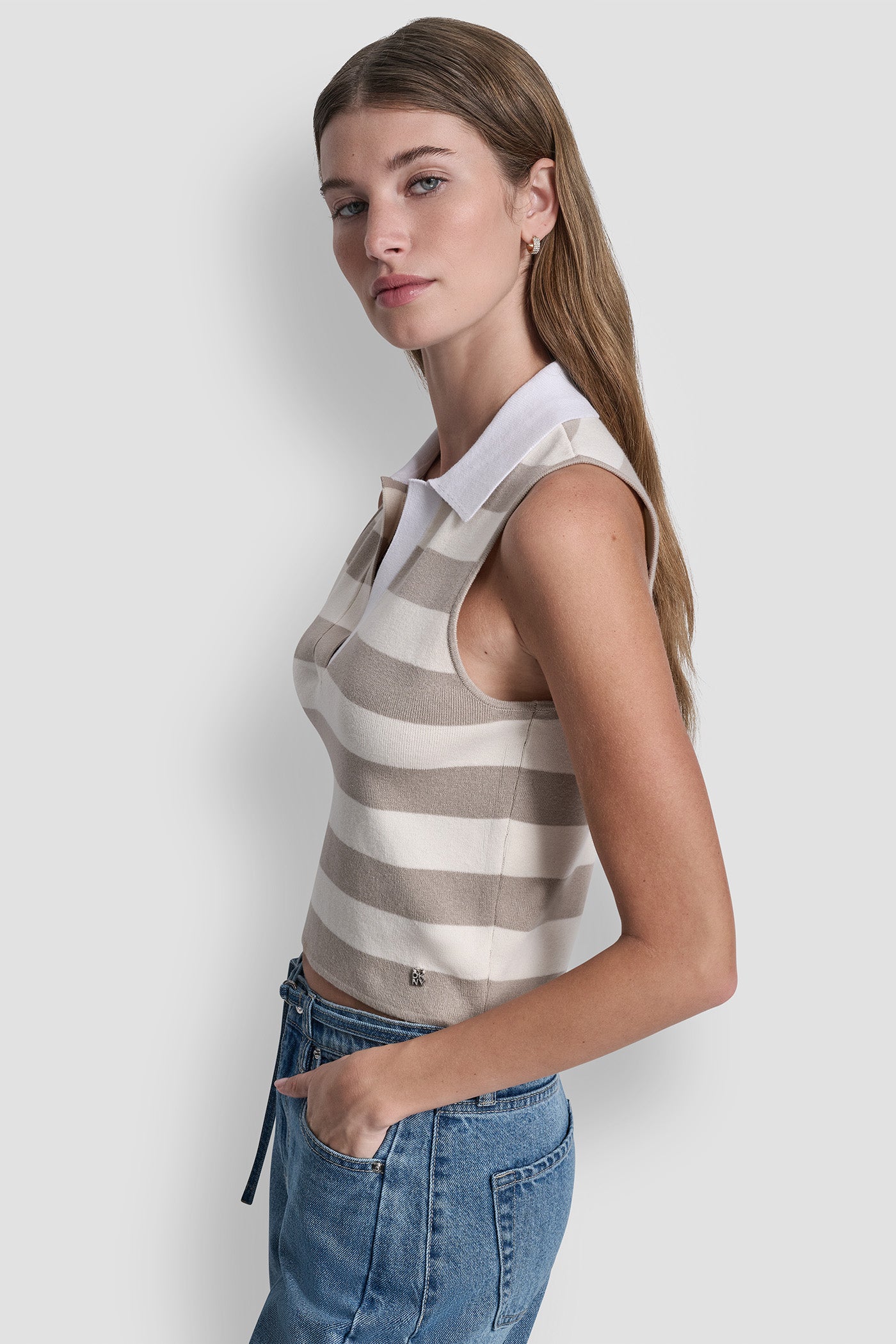 STRIPED SLEEVELESS POLO SWEATER VIEW 4 | DKNY JEANS