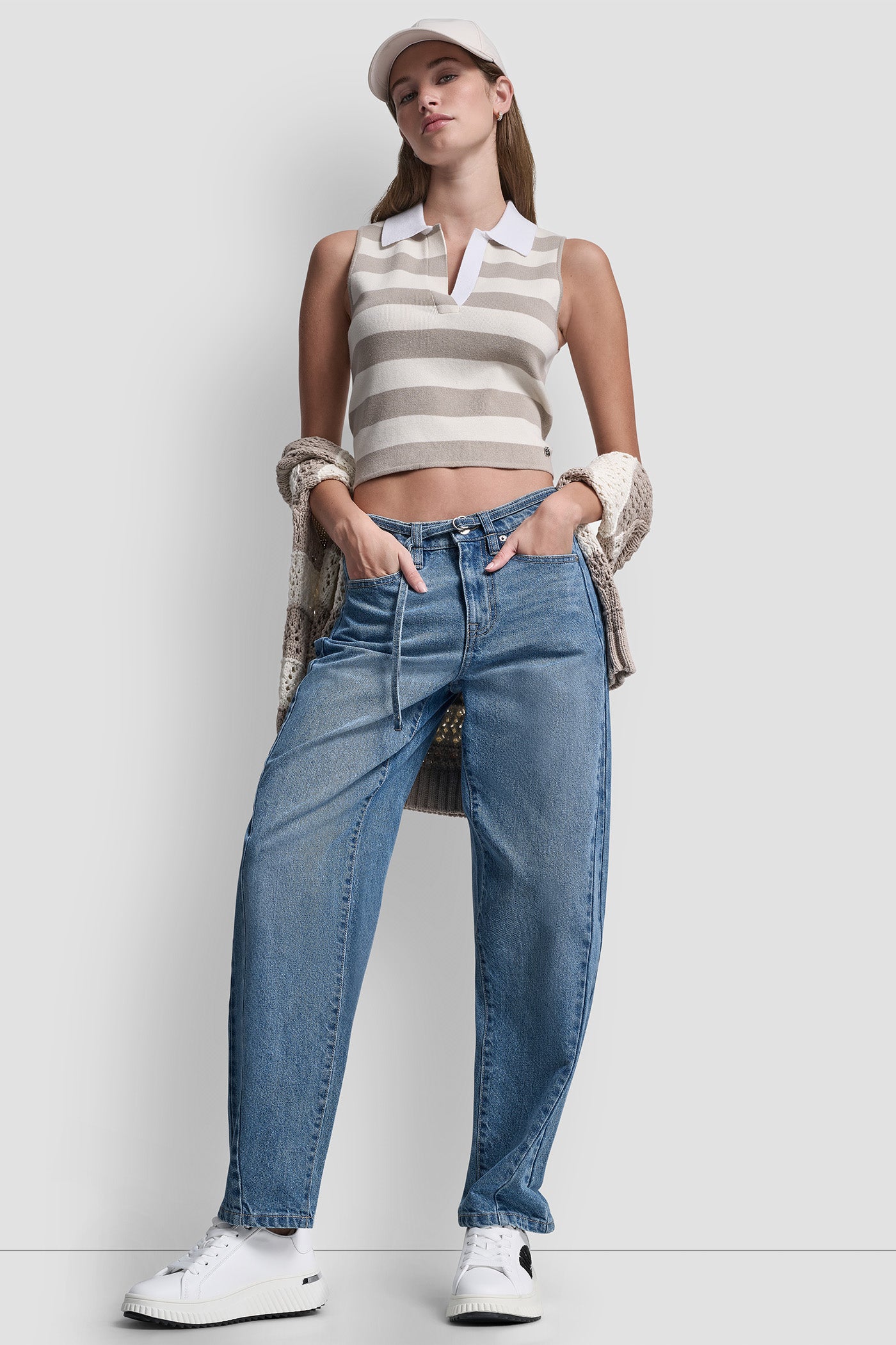 Pebble/Eggnog/White STRIPED SLEEVELESS POLO SWEATER, VIEW 1 | DKNY JEANS