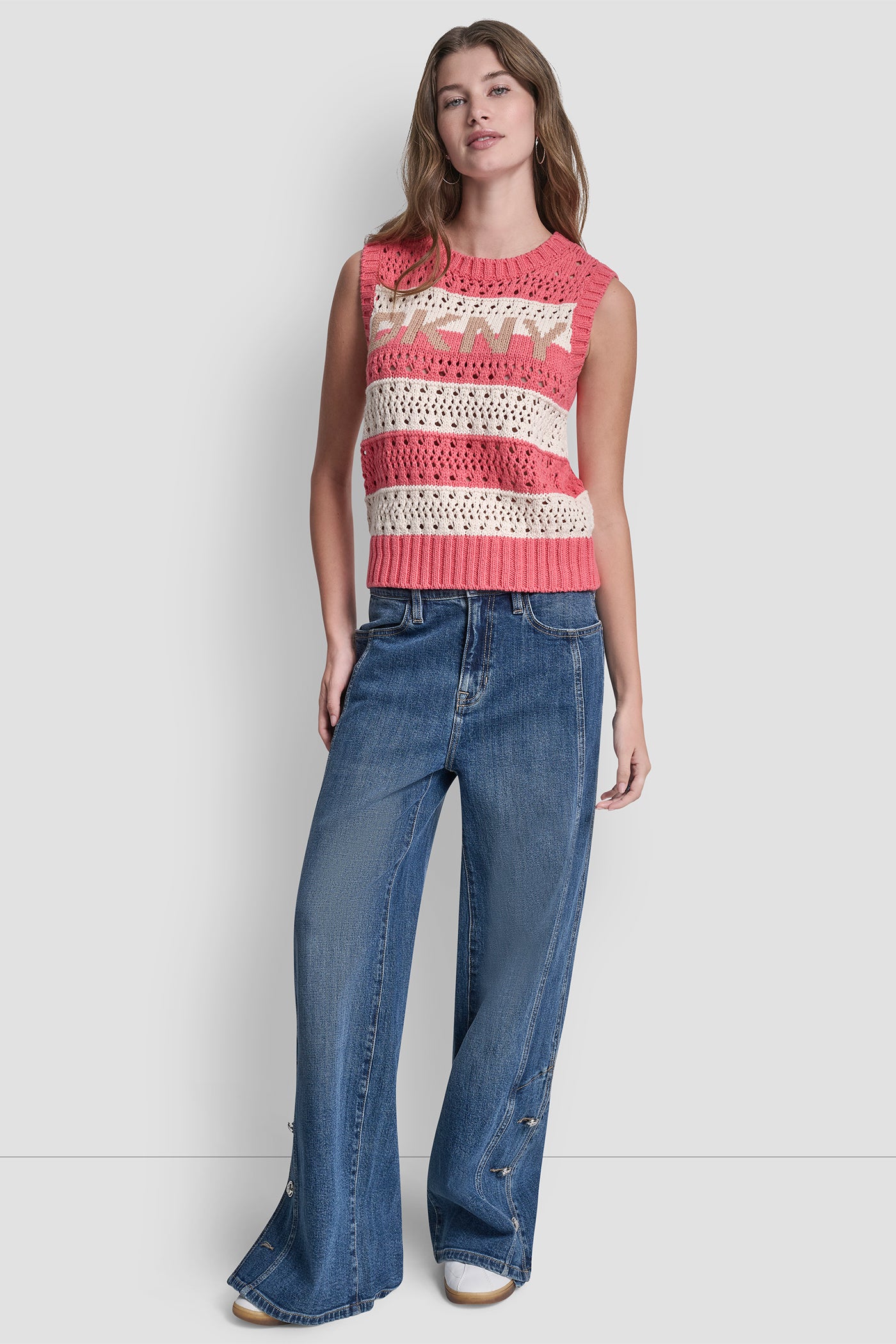 STRIPED POINTELLE STITCH SLEEVELESS SWEATER VIEW 5 | DKNY JEANS