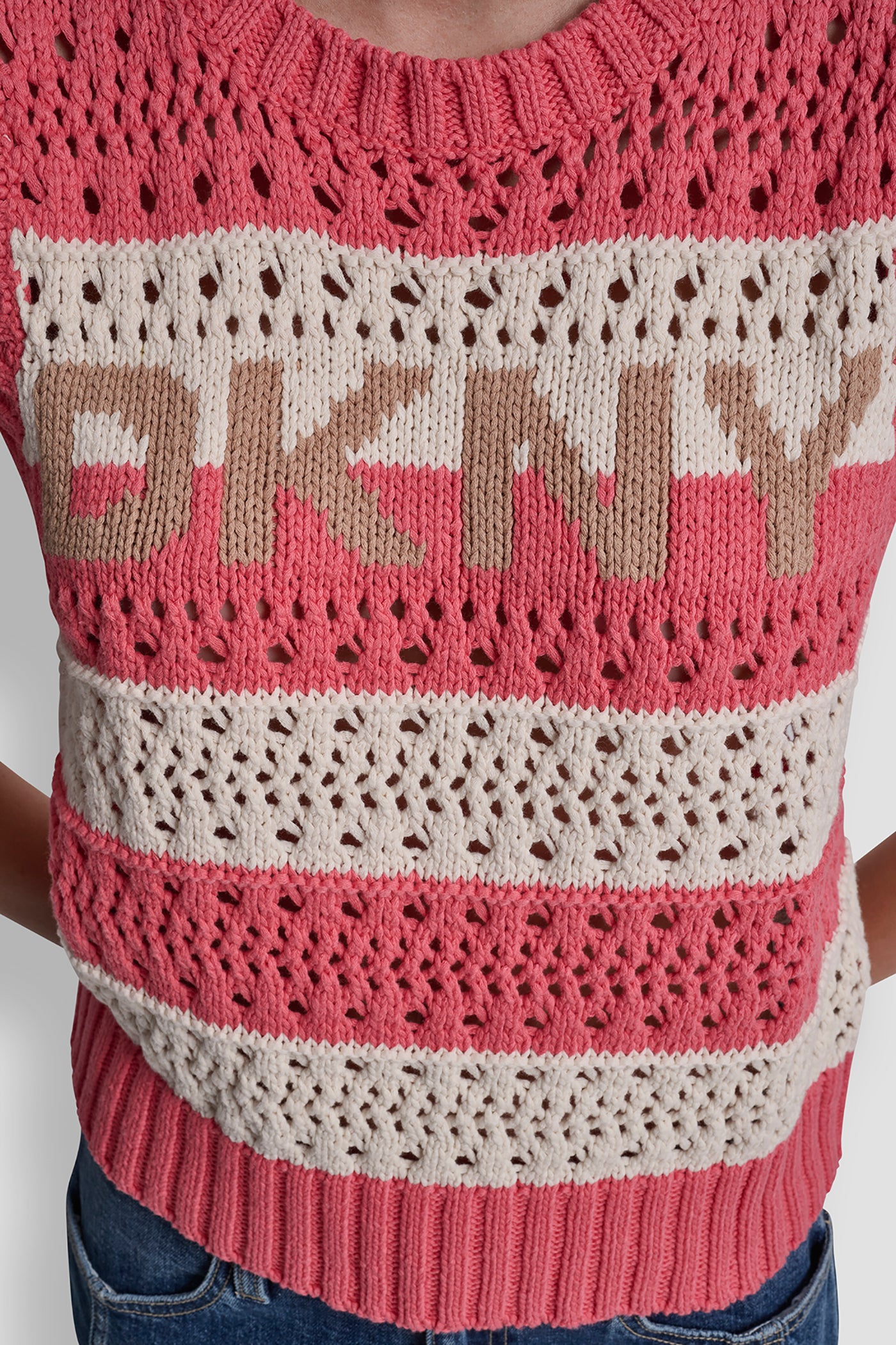 STRIPED POINTELLE STITCH SLEEVELESS SWEATER VIEW 6 | DKNY JEANS