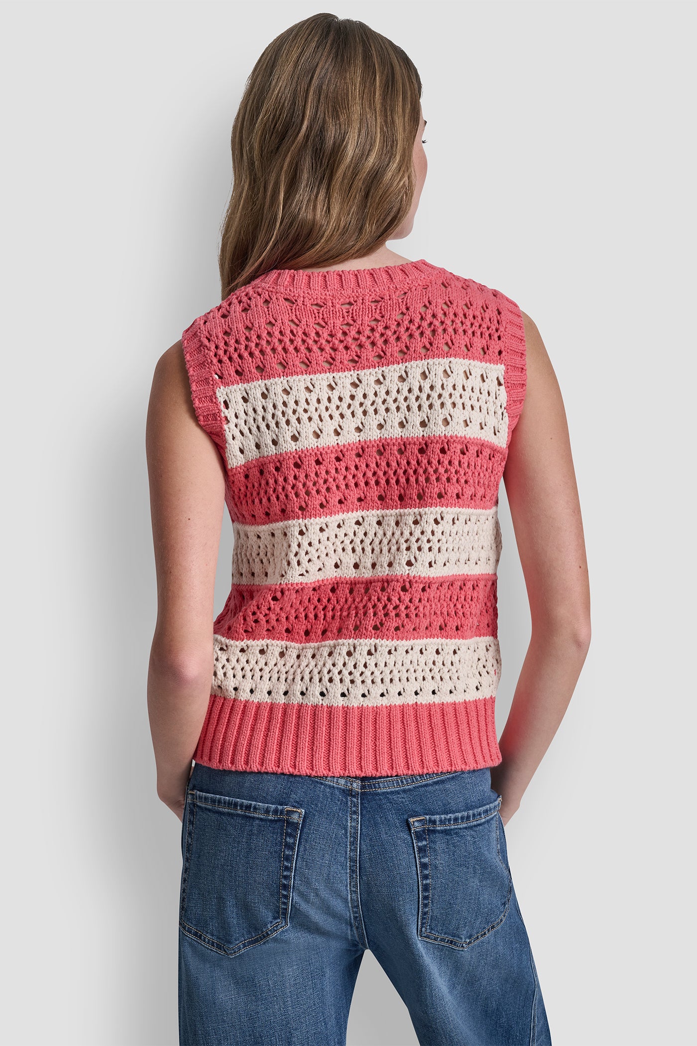 STRIPED POINTELLE STITCH SLEEVELESS SWEATER VIEW 3 | DKNY JEANS