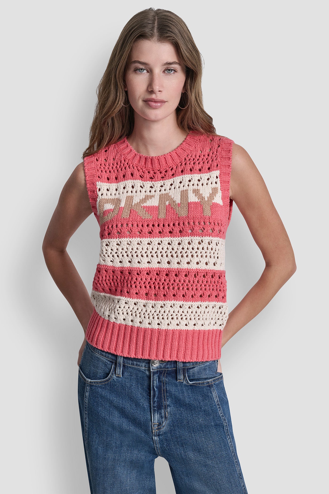Sunkissed/Eggnog/Teak STRIPED POINTELLE STITCH SLEEVELESS SWEATER, VIEW 2 | DKNY JEANS