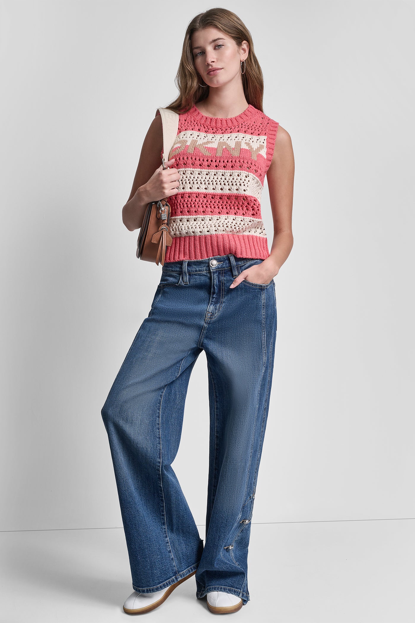 STRIPED POINTELLE STITCH SLEEVELESS SWEATER VIEW 7 | DKNY JEANS