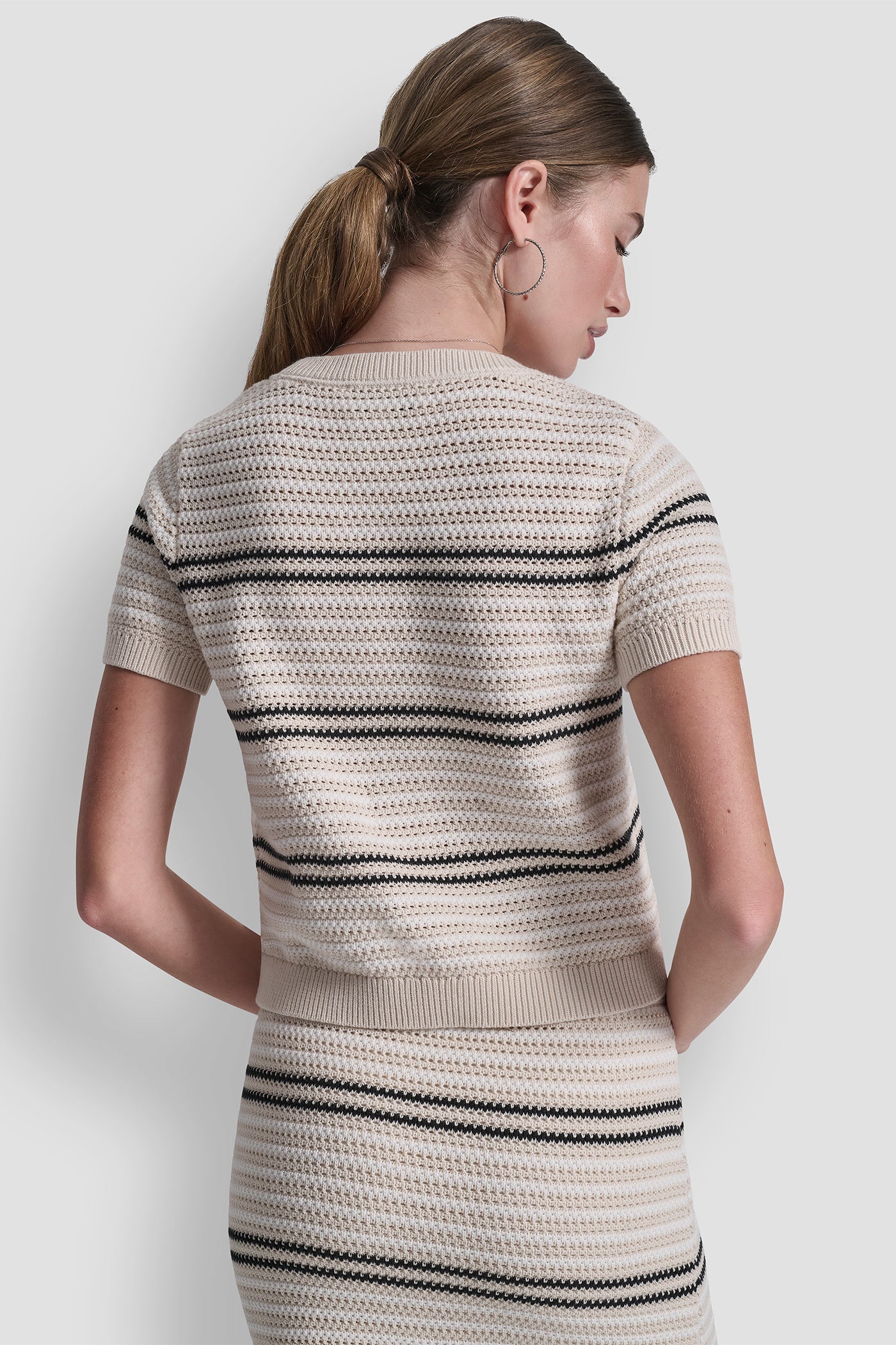Natural/Ivory/Black STRIPED POINTELLE STITCH SWEATER, BACK VIEW | The Vacation Edit