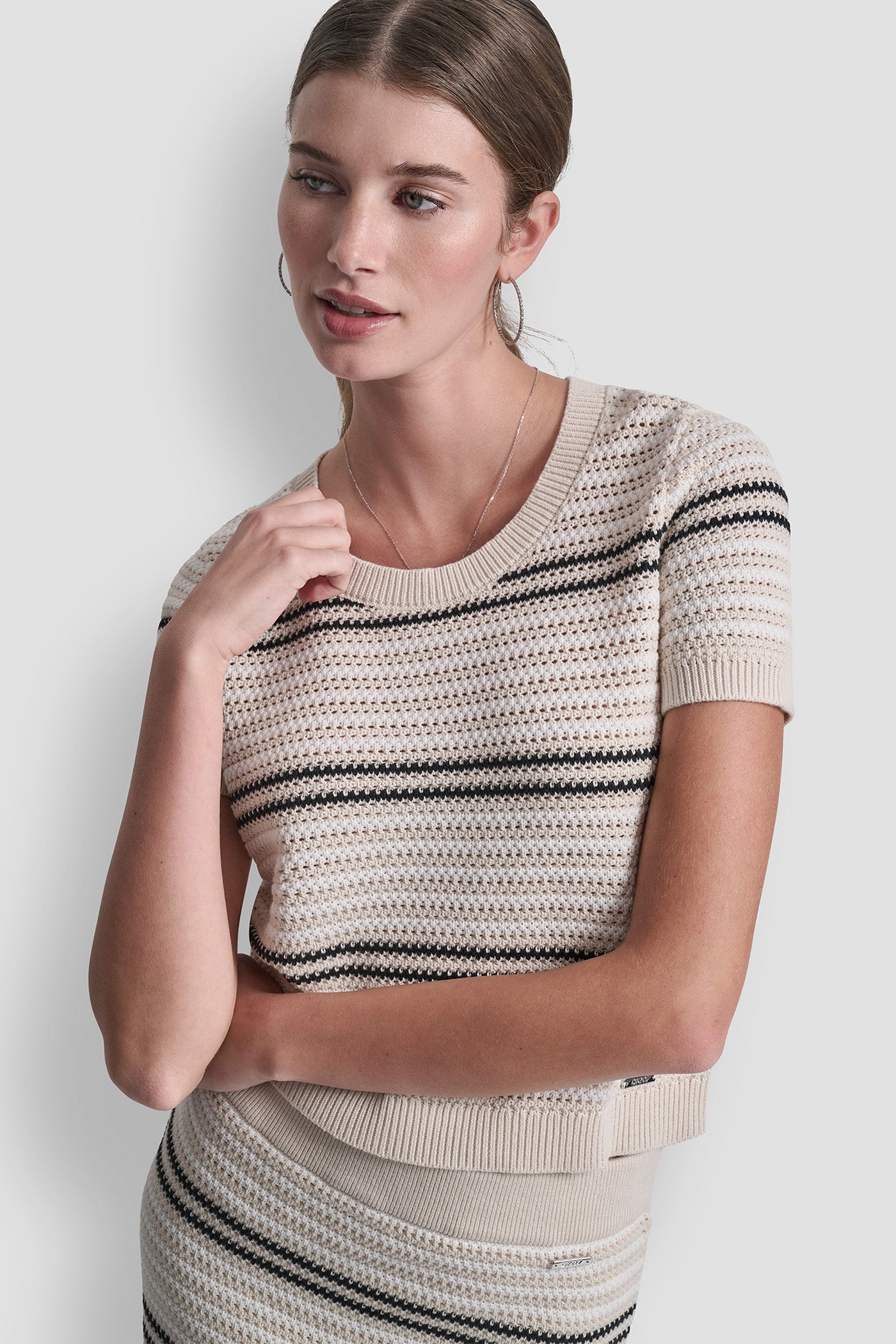 Natural/Ivory/Black STRIPED POINTELLE STITCH SWEATER, FRONT VIEW | The Vacation Edit
