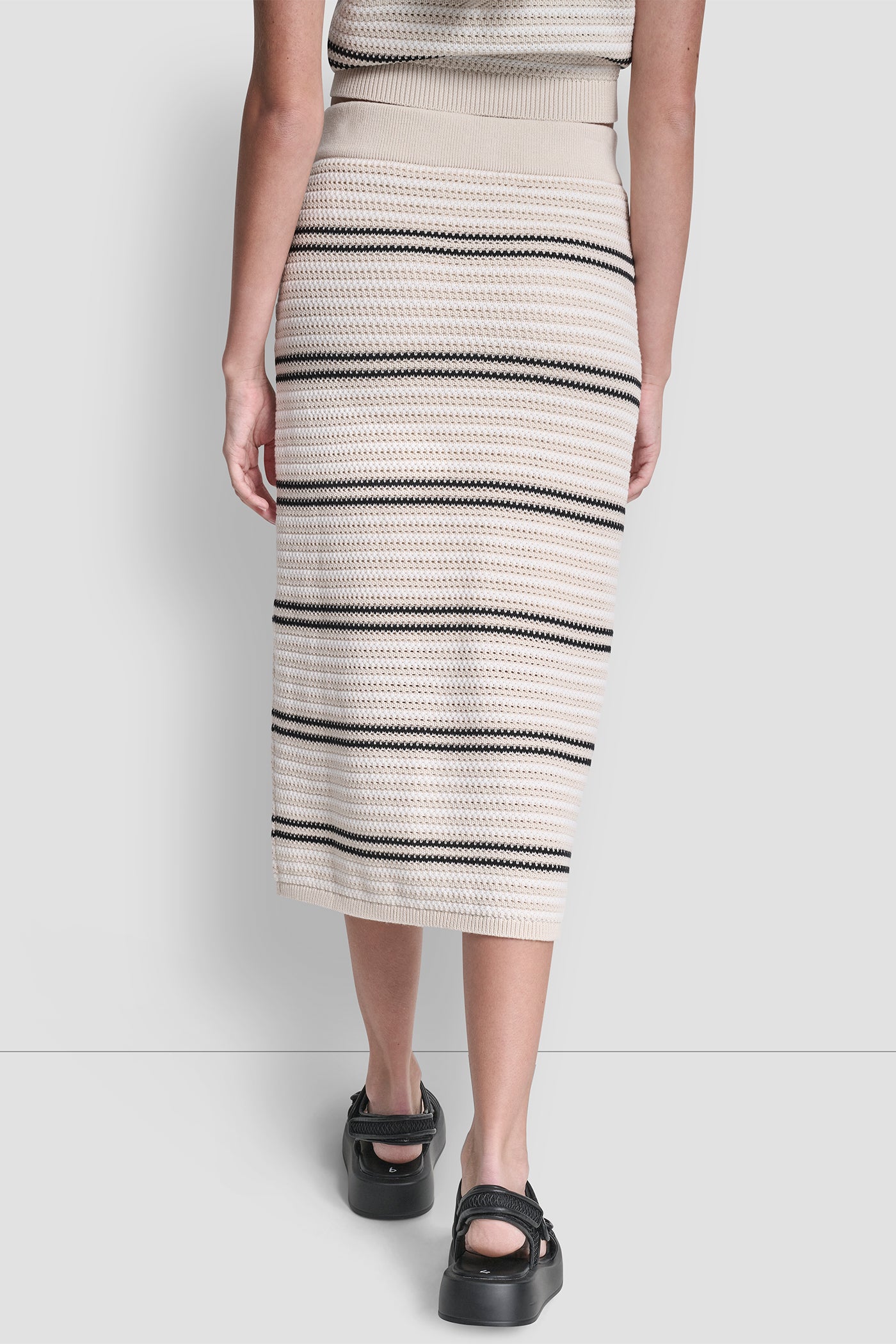 Natural/Ivory/Black STRIPED POINTELLE STITCH MIDI SKIRT, BACK VIEW | The Vacation Edit
