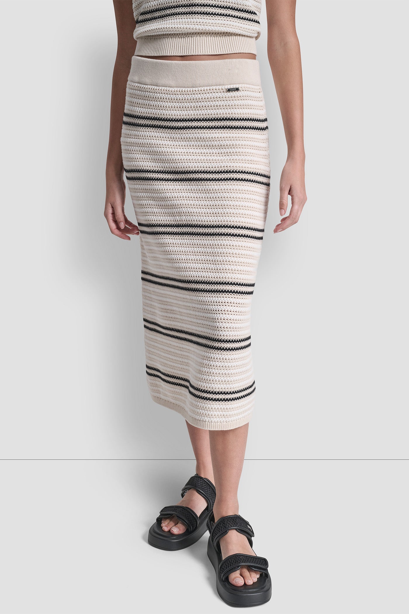 Natural/Ivory/Black STRIPED POINTELLE STITCH MIDI SKIRT, FRONT VIEW | The Vacation Edit