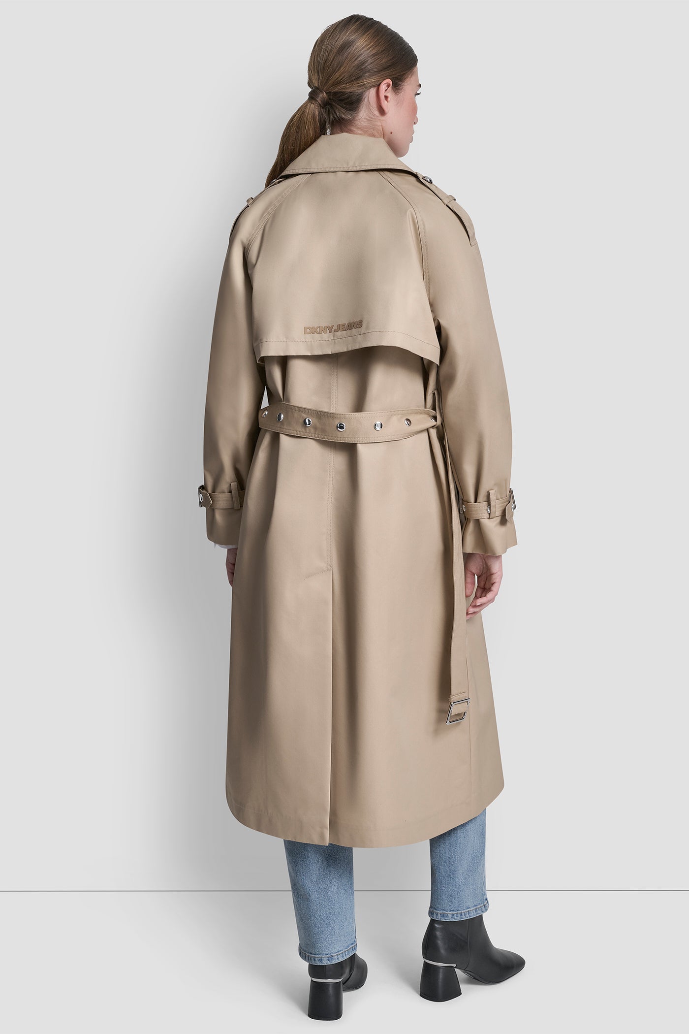 Travertine LONG DOUBLE BREASTED BELTED TRENCH, BACK VIEW | All Products