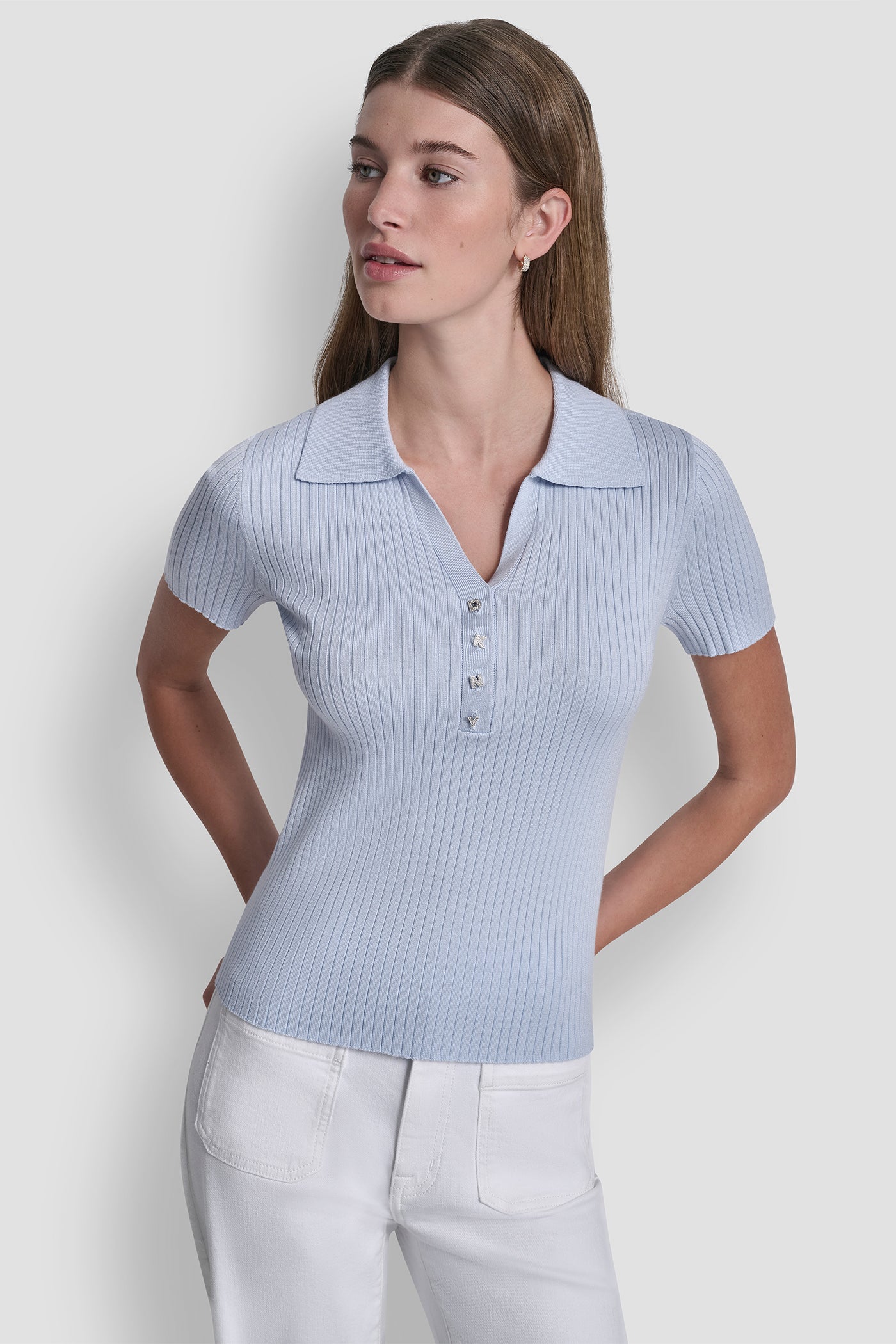 Frost Blue RIBBED POLO WITH RHINESTONE BUTTONS, FRONT VIEW | SPRING 2026