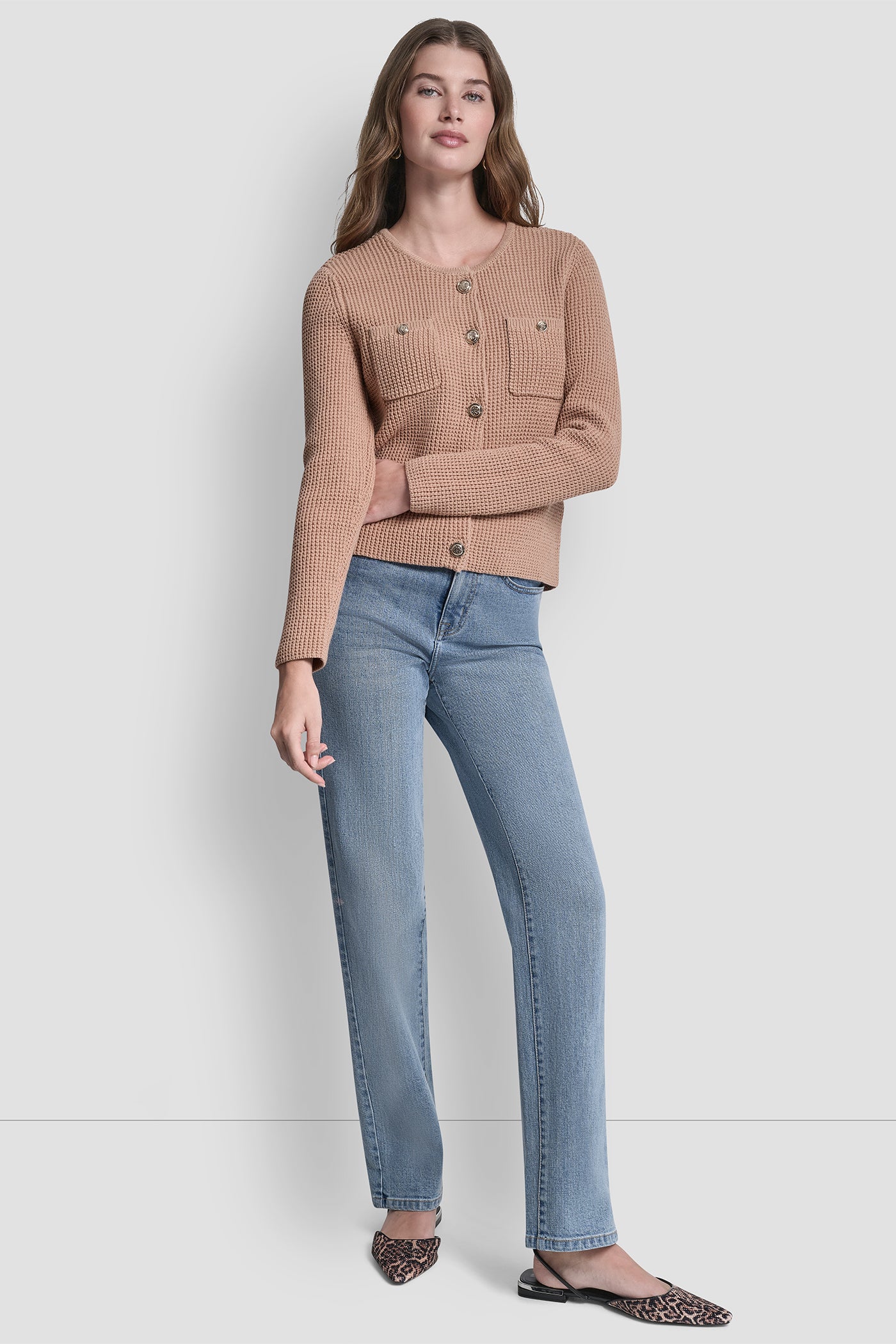 LONG SLEEVE TUCK STITCH CREW NECK CARDIGAN W/ FRON VIEW 6 | DKNY JEANS