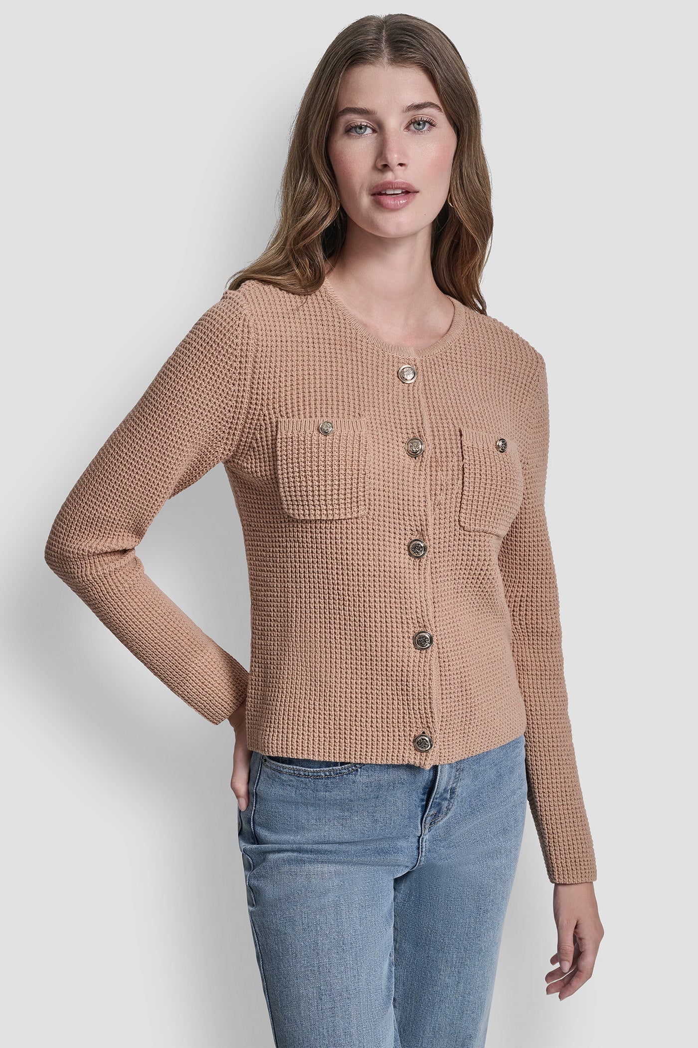Teak LONG SLEEVE TUCK STITCH CREW NECK CARDIGAN W/ FRON, VIEW 2 | DKNY JEANS