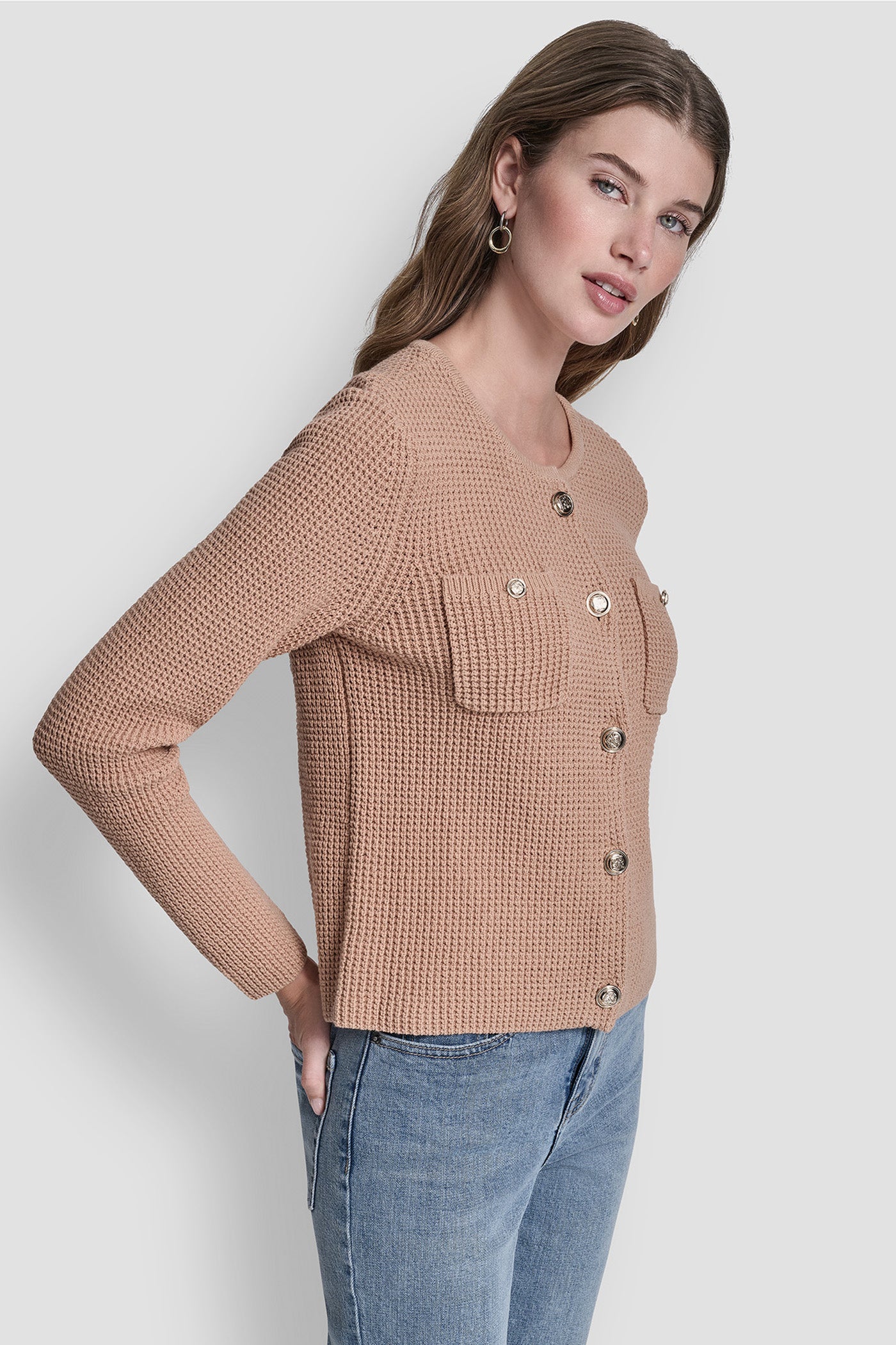 Tuck Stitch Crew Neck Cardigan | Cardigan | DKNY