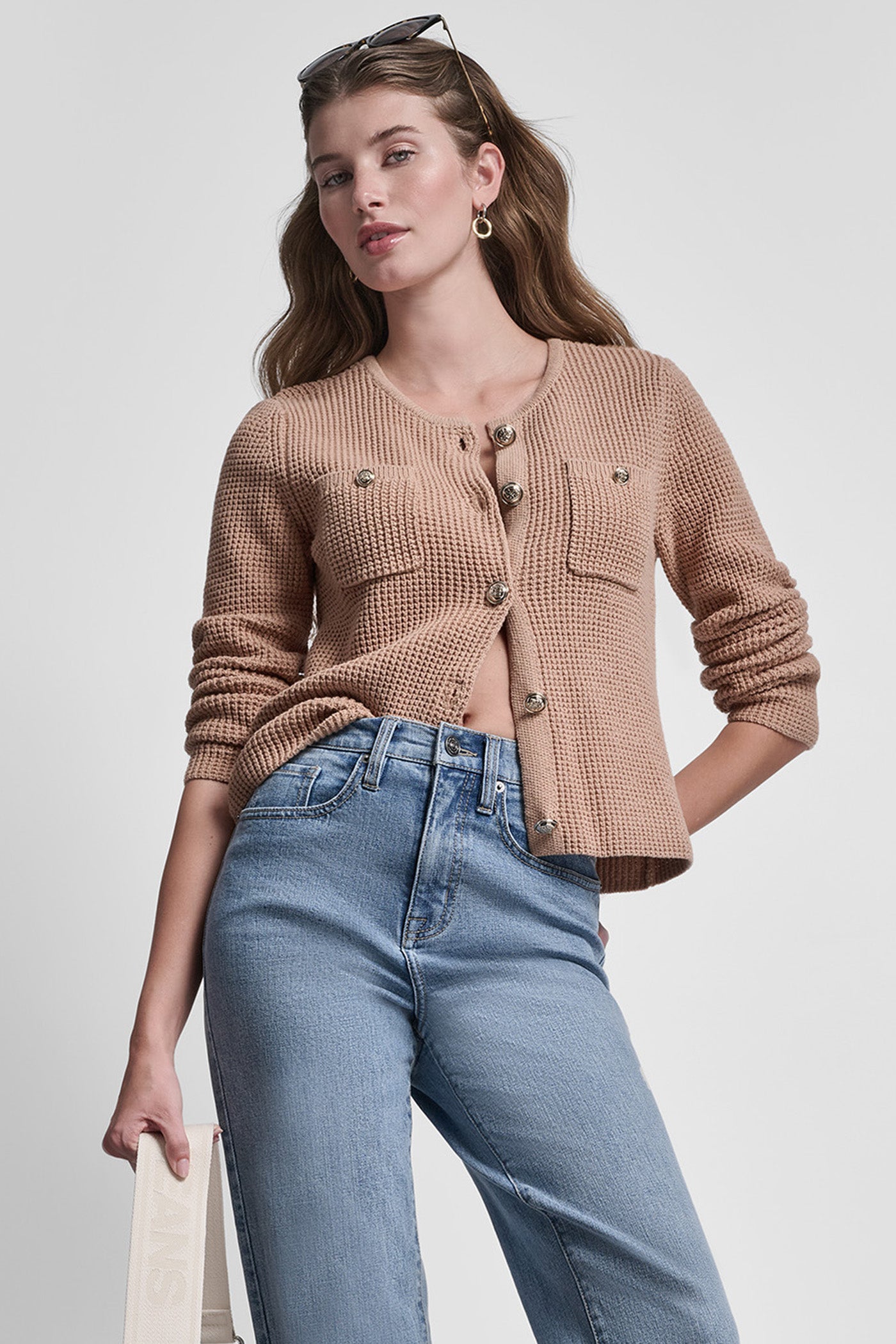 Teak LONG SLEEVE TUCK STITCH CREW NECK CARDIGAN W/ FRON, VIEW 1 | DKNY JEANS