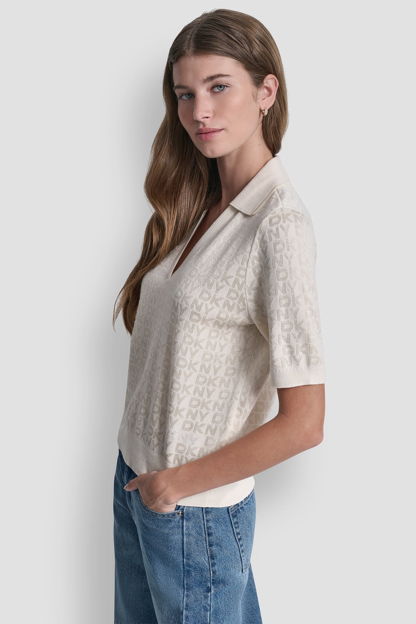 Polo Collar Sweater With Rhinestone Logo | Sweater | DKNY