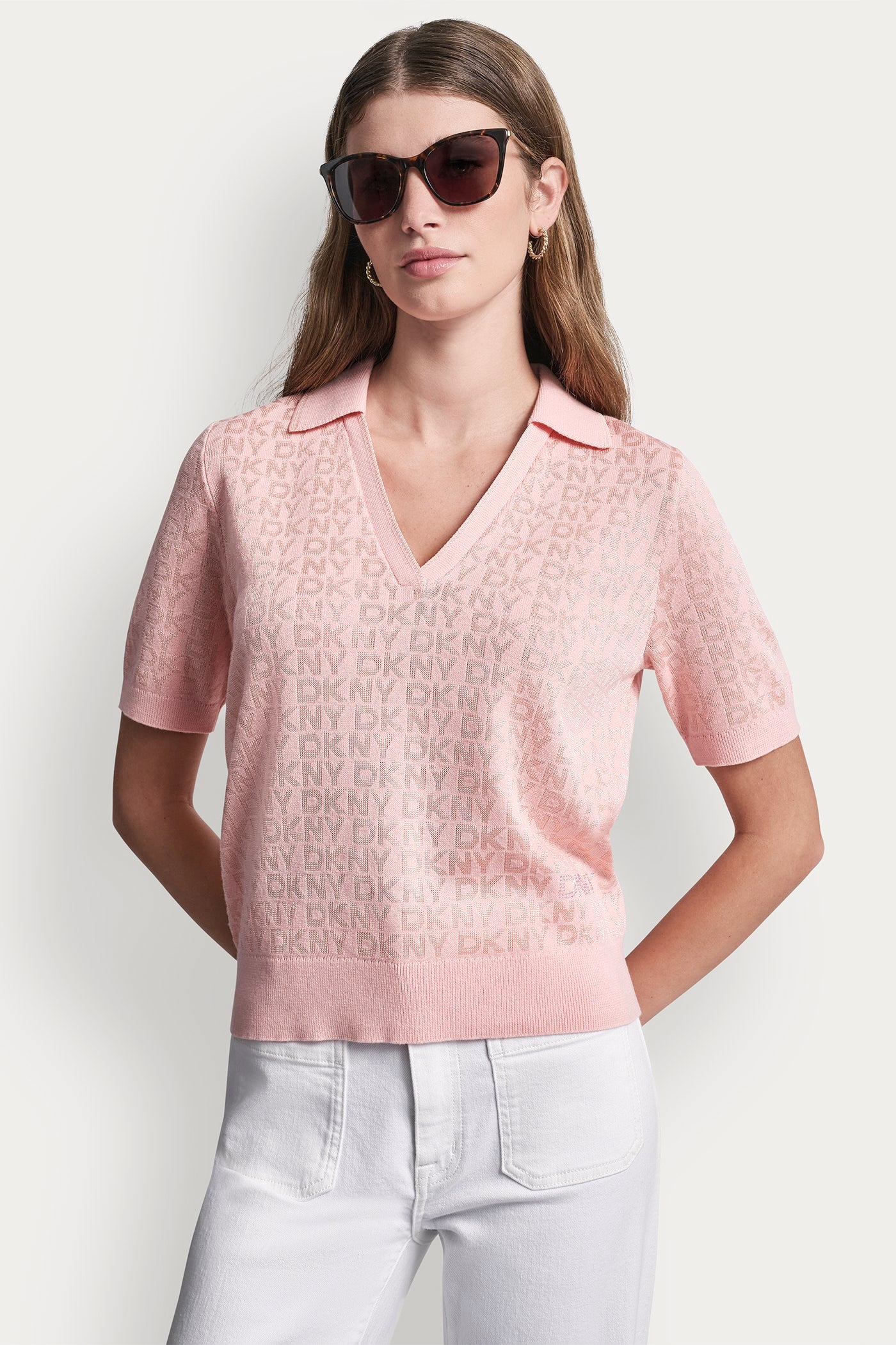 Peach Spritz POLO COLLAR SWEATER WITH RHINESTONE LOGO, VIEW 2 | WOMEN'S SWEATERS & TOPS