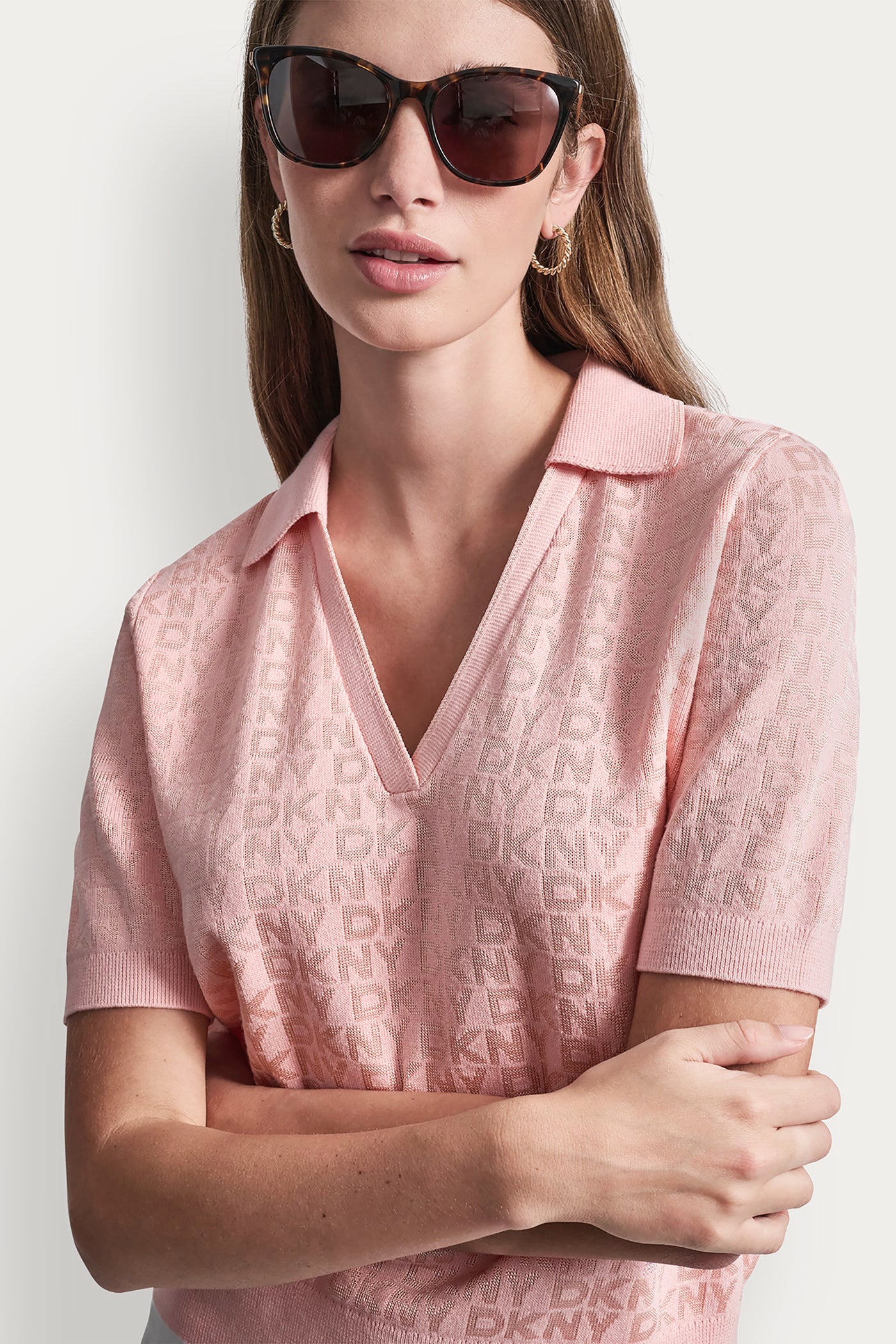 Peach Spritz POLO COLLAR SWEATER WITH RHINESTONE LOGO, VIEW 1 | WOMEN'S SWEATERS & TOPS