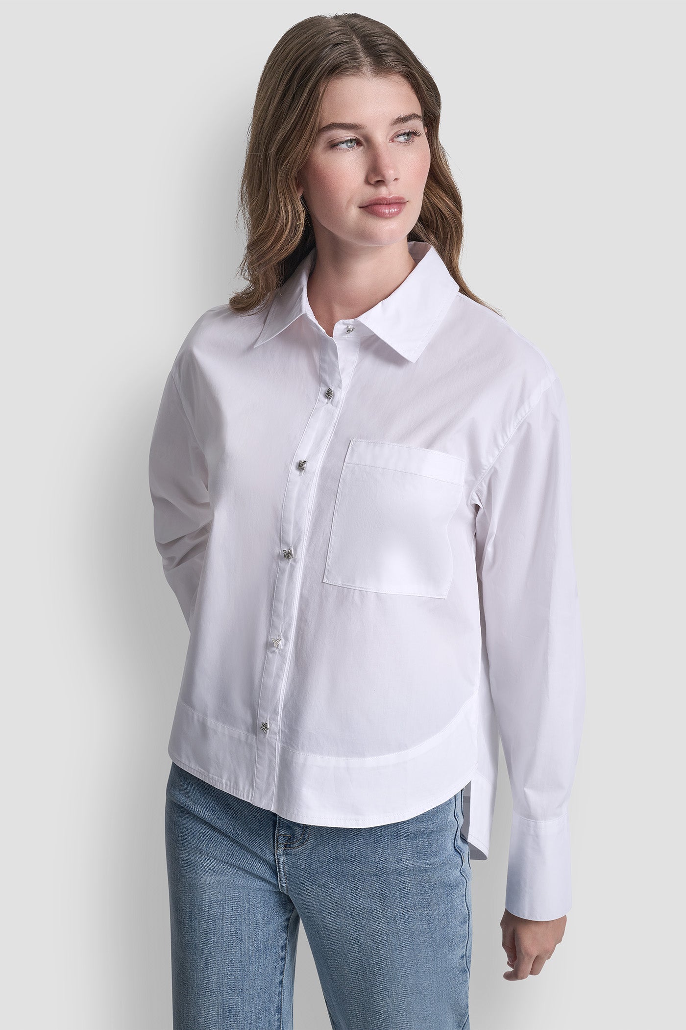White POPLIN SHIRT WITH RHINESTONE BUTTONS, VIEW 2 | New Arrivals