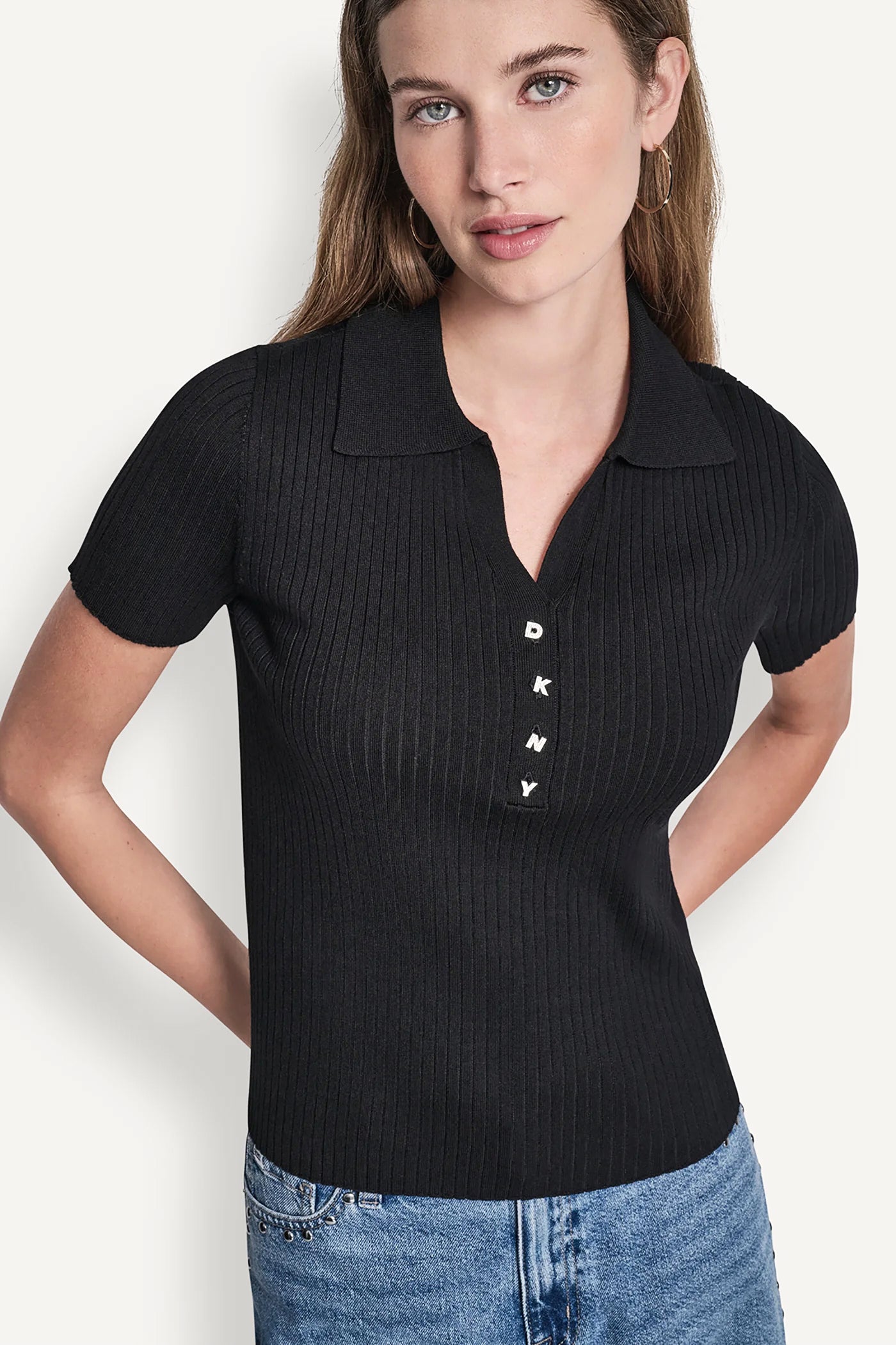 Black RIBBED POLO WITH RHINESTONE BUTTONS, VIEW 2 | MUST-HAVES