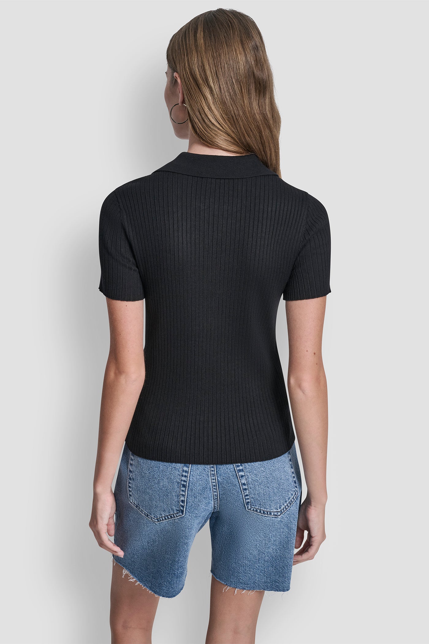 Black RIBBED POLO WITH RHINESTONE BUTTONS, VIEW 2 | Clothing