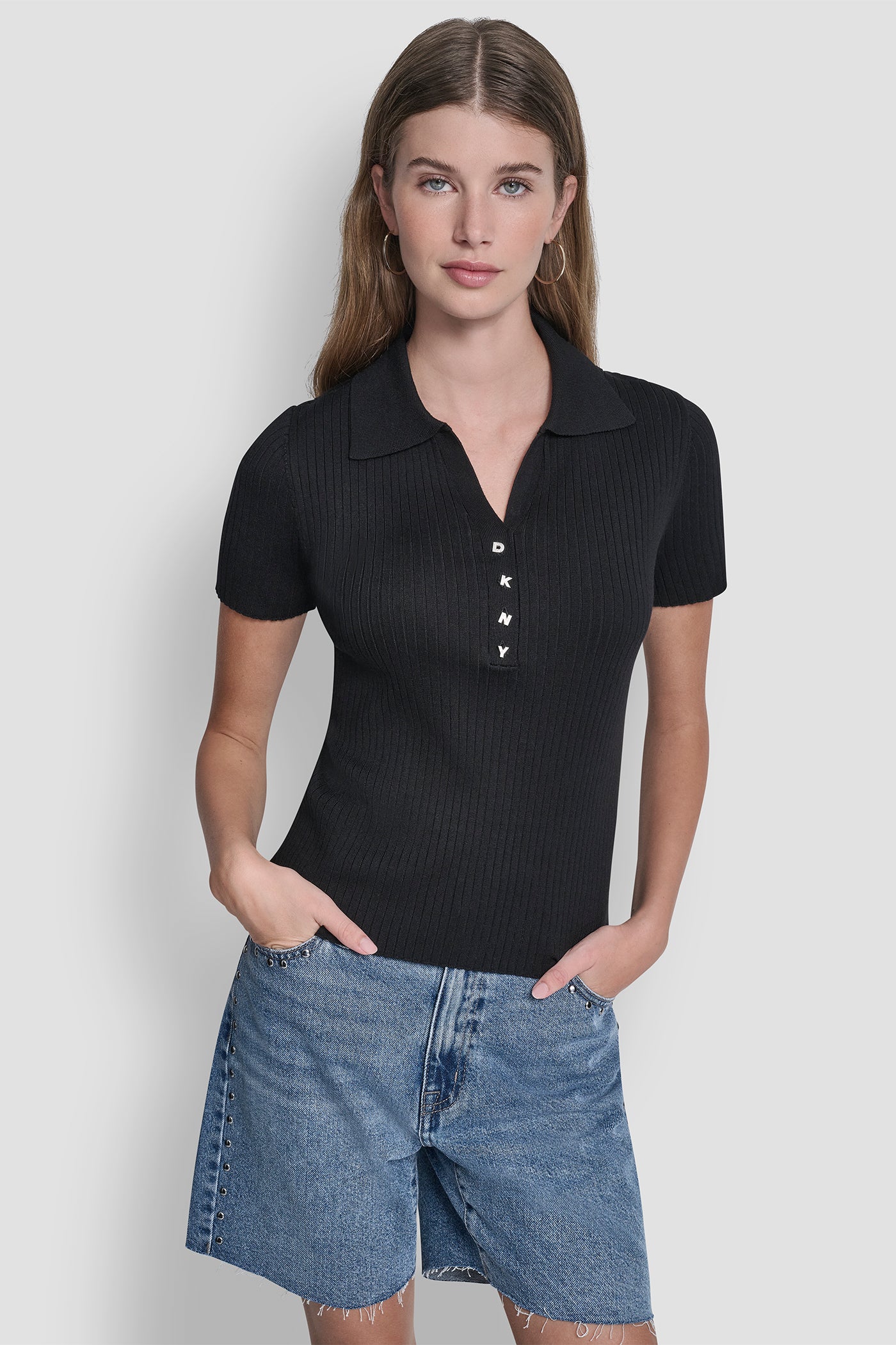 RIBBED POLO WITH RHINESTONE BUTTONS VIEW 3 | Clothing