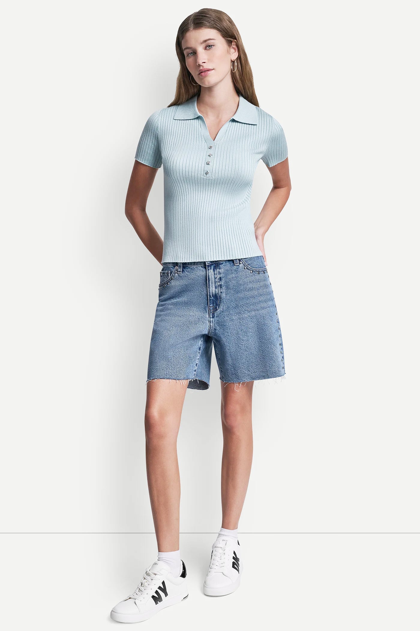 RIBBED POLO WITH RHINESTONE BUTTONS VIEW 5 | DKNY Promo