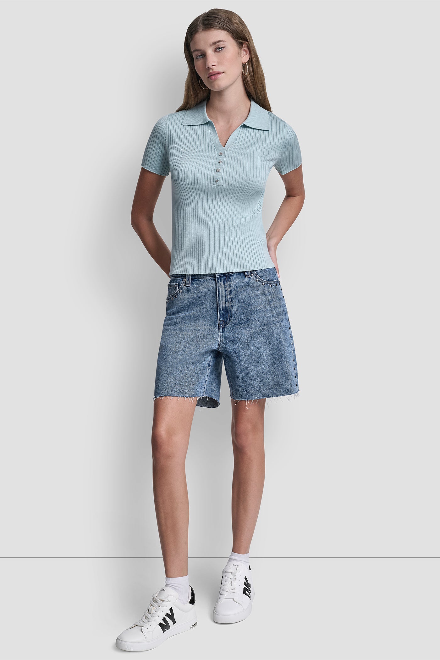 RIBBED POLO WITH RHINESTONE BUTTONS VIEW 5 | WOMEN'S SWEATERS & TOPS