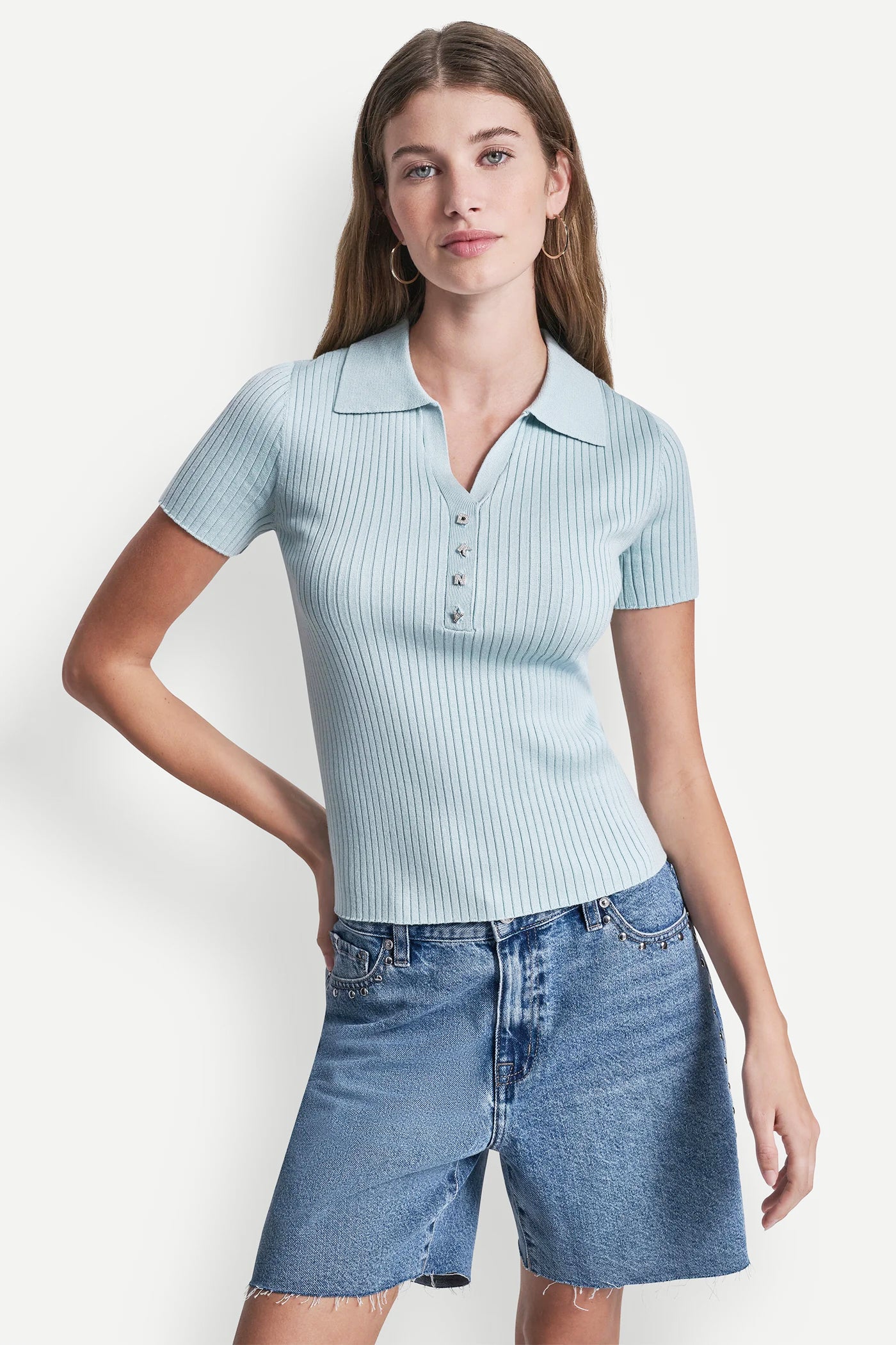 Mineral RIBBED POLO WITH RHINESTONE BUTTONS, VIEW 2 | WOMEN'S SWEATERS & TOPS