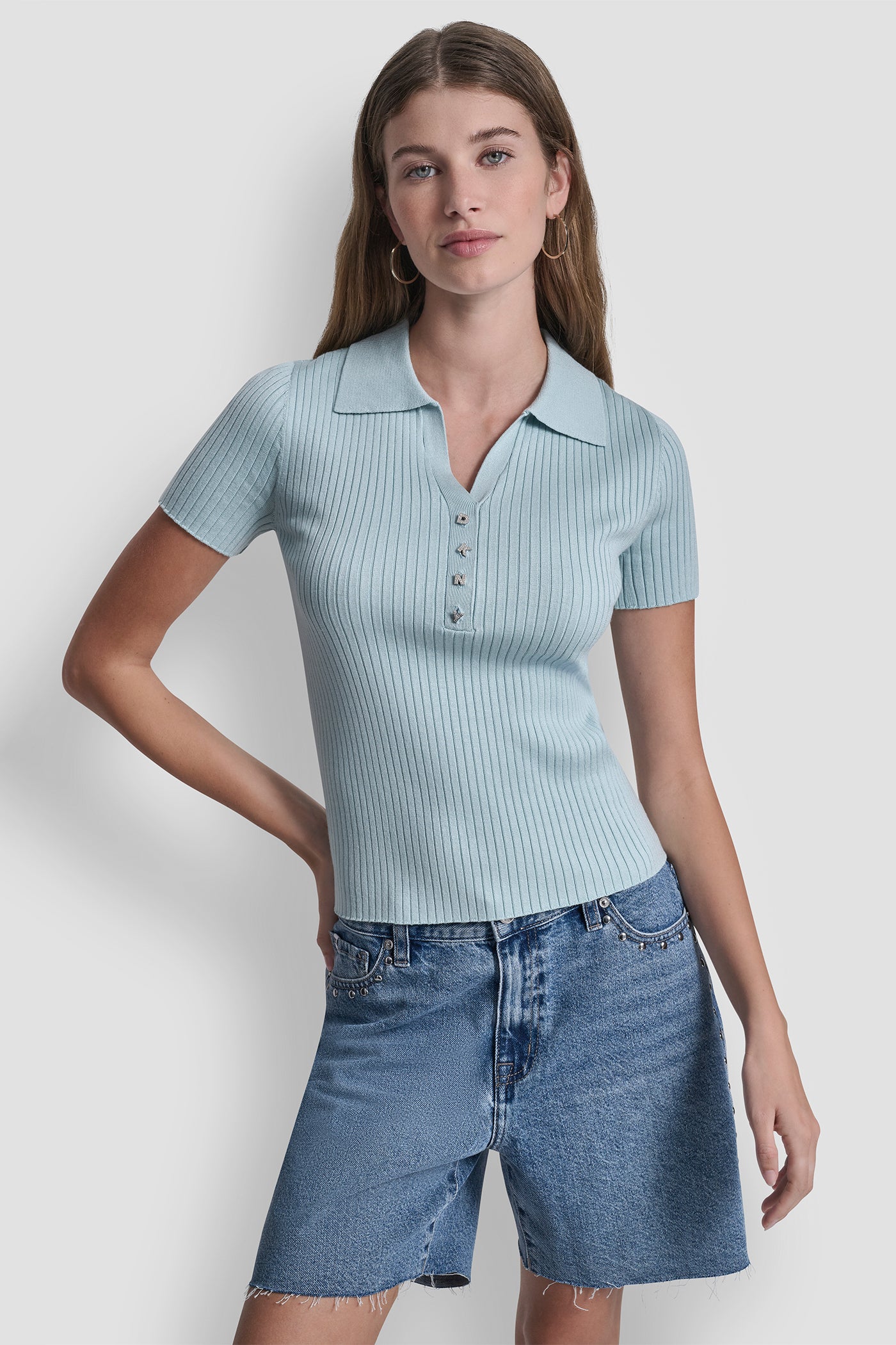 RIBBED POLO WITH RHINESTONE BUTTONS VIEW 4 | WOMEN'S SWEATERS & TOPS