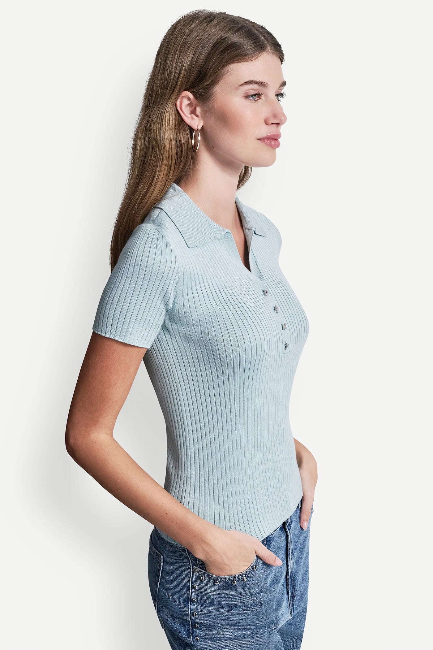 RIBBED POLO WITH RHINESTONE BUTTONS VIEW 4 | DKNY Promo