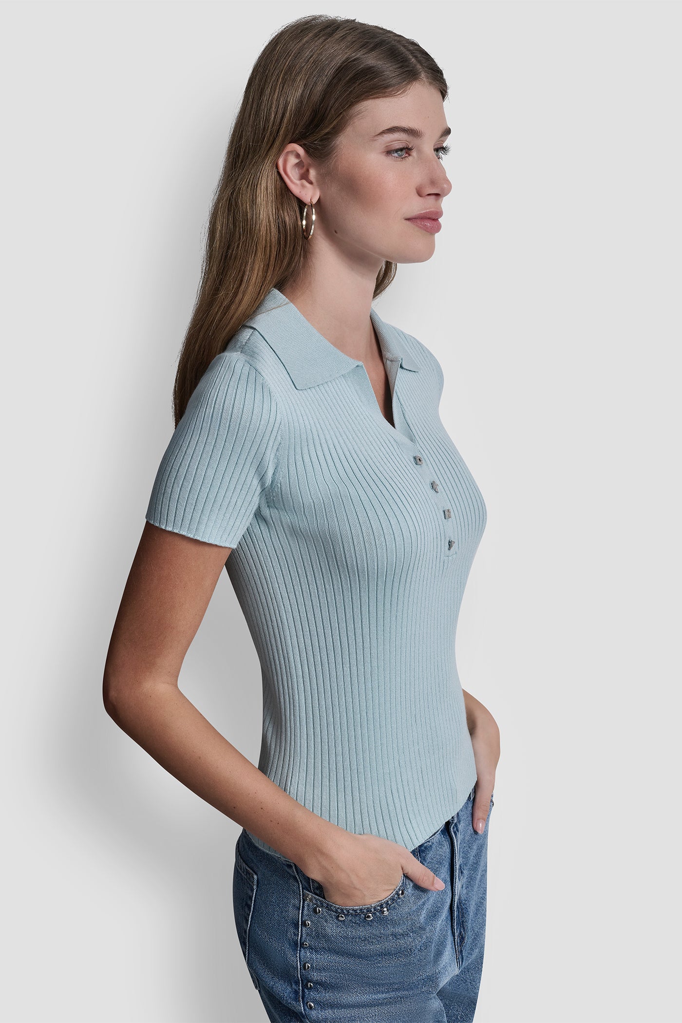 RIBBED POLO WITH RHINESTONE BUTTONS VIEW 3 | WOMEN'S SWEATERS & TOPS
