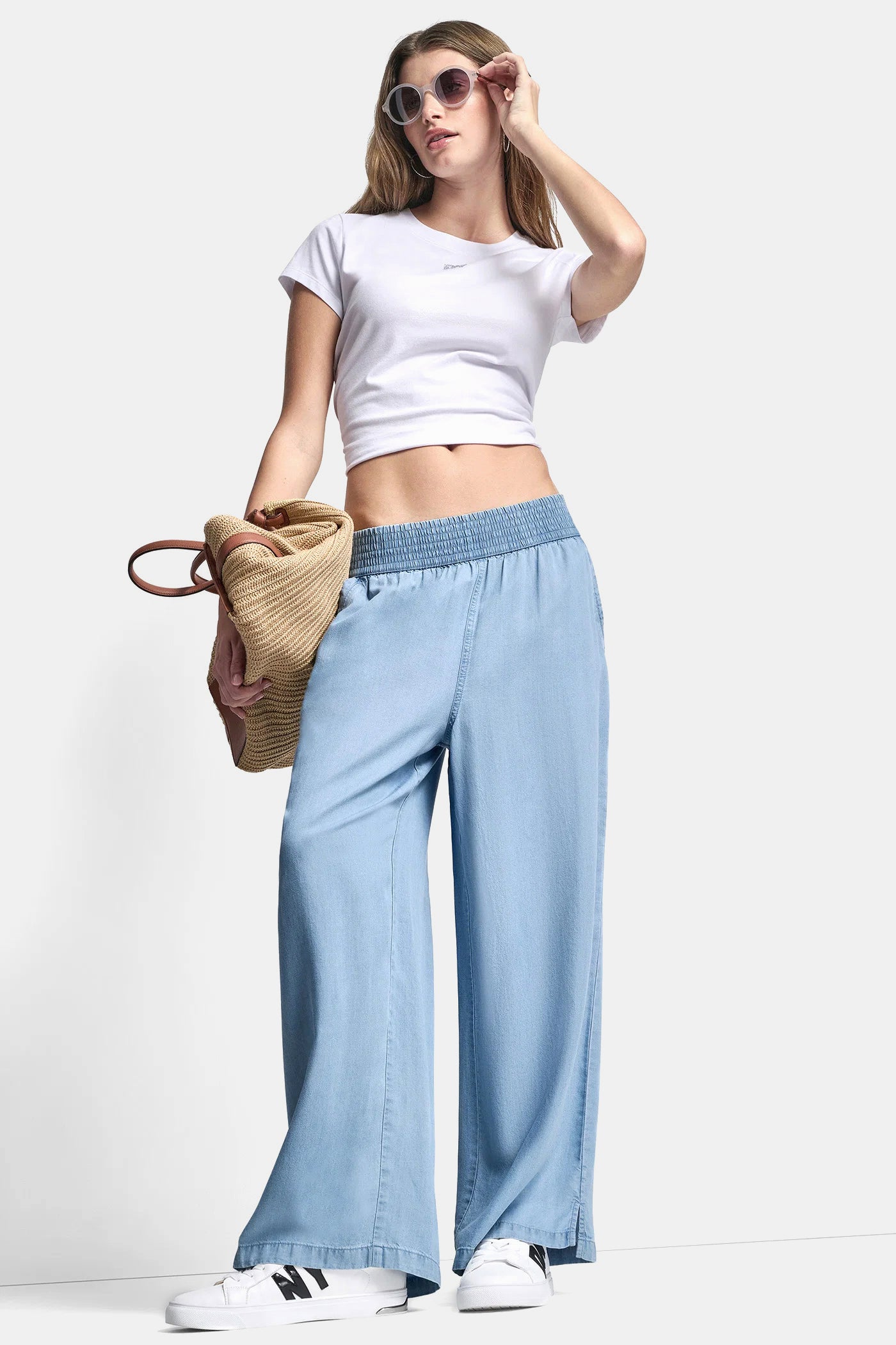 CHAMBRAY WIDE LEG PULL-ON PANT, FRONT VIEW | MUST-HAVES