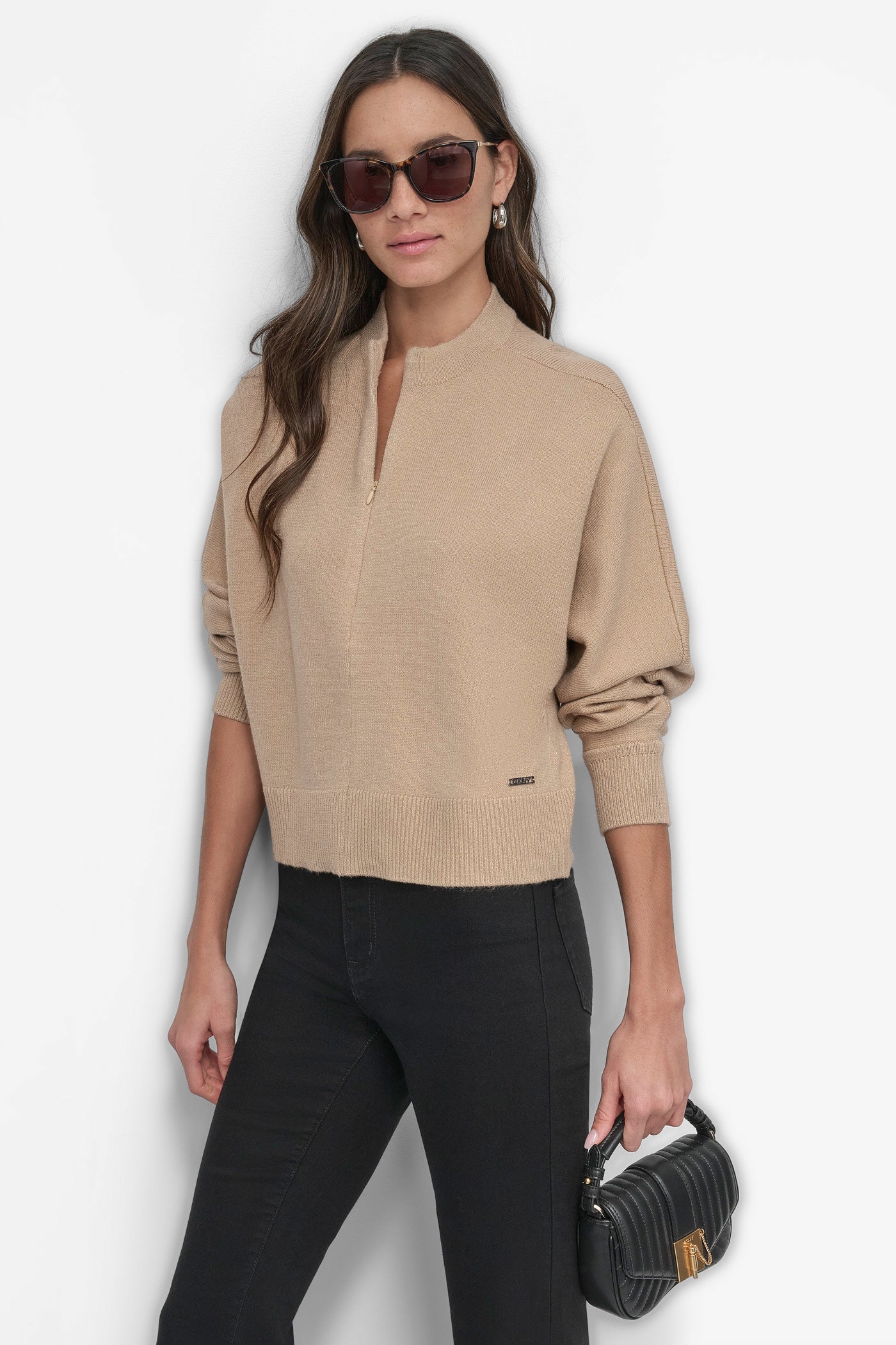 Beige MOCK NECK HALF ZIP FRONT TOP, VIEW 1 | Not Clearance or Preorder