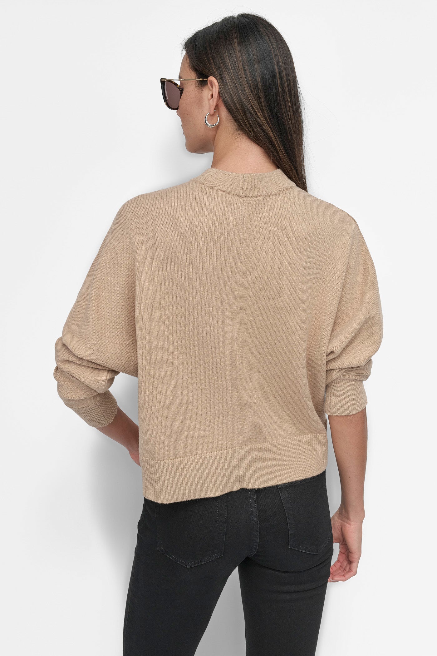 Beige MOCK NECK HALF ZIP FRONT TOP, VIEW 2 | Not Clearance or Preorder