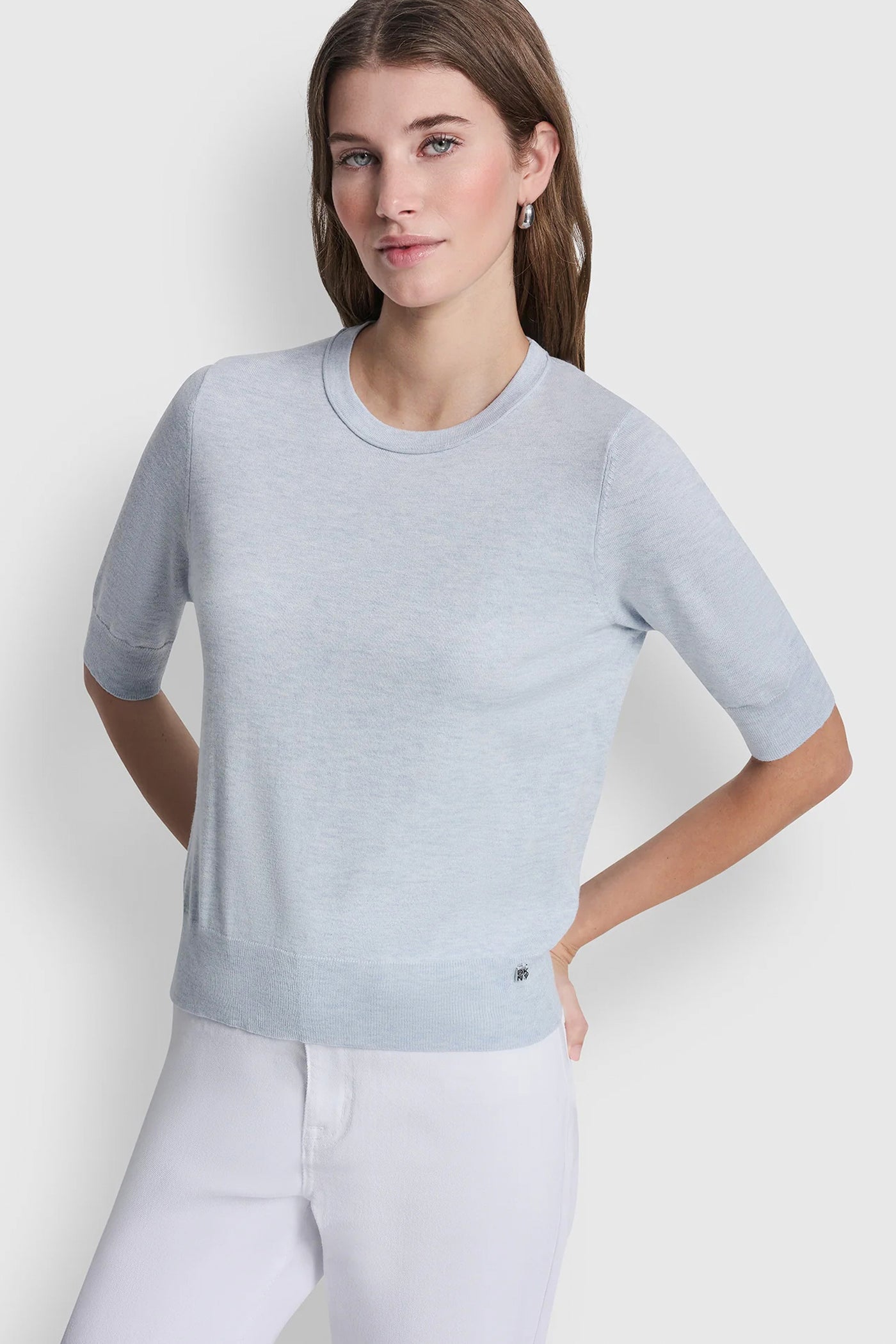 Frost Blue Heather ELBOW SLEEVE CREW NECK SWEATER, VIEW 1 | WOMEN'S SWEATERS & TOPS