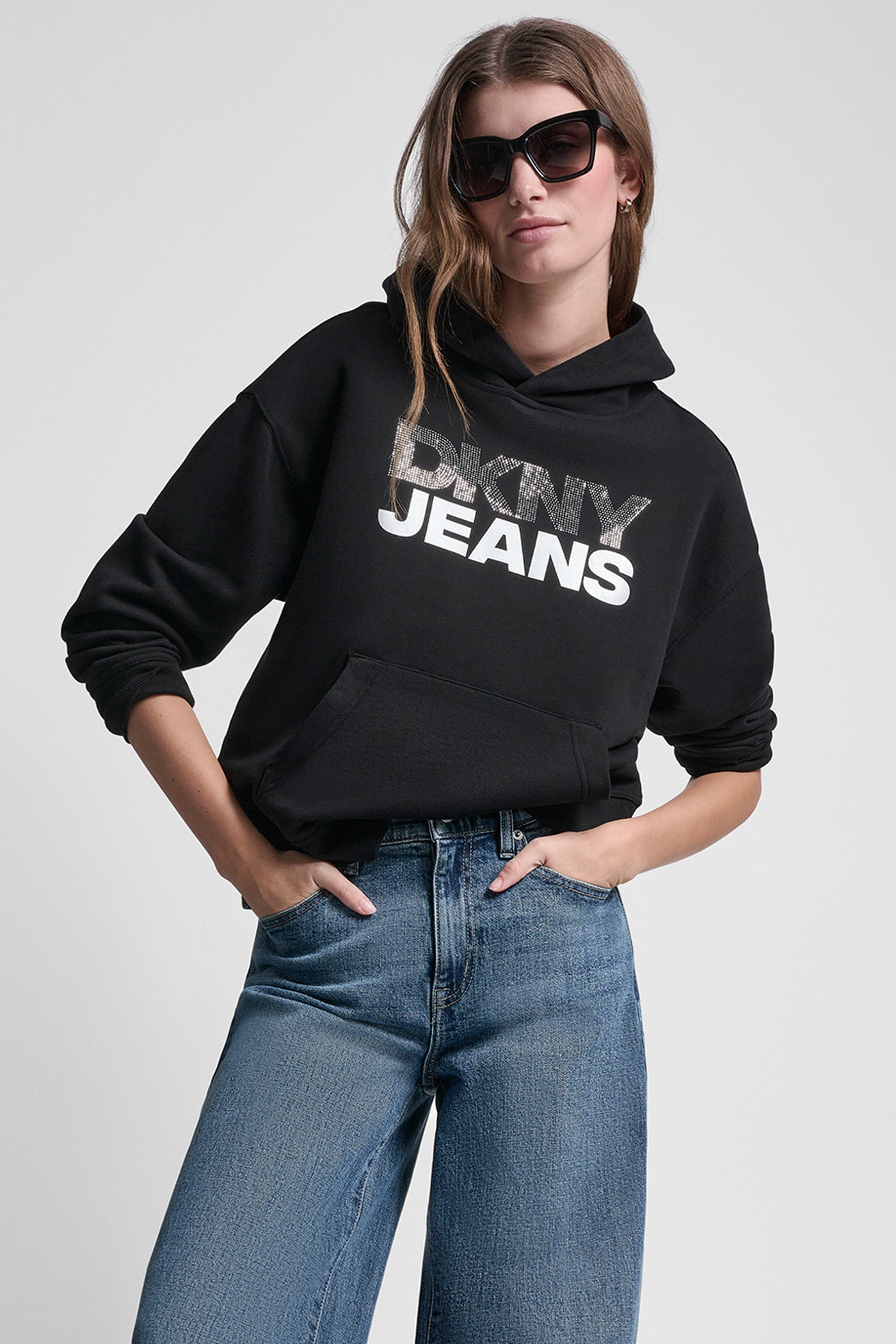 Black/Silver STACKED RHINESTONE FOIL LOGO HOODIE, VIEW 1 | All Products