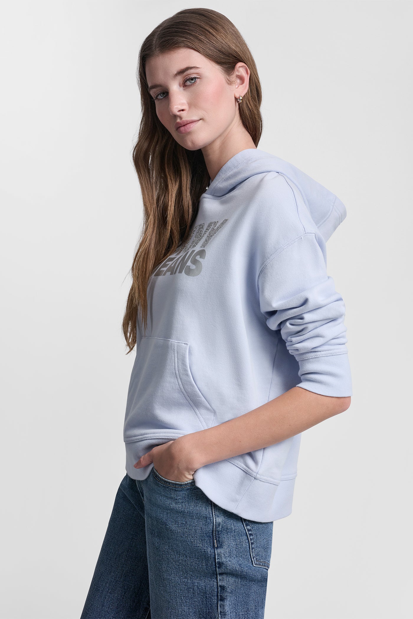 Frost Blue/Silver STACKED RHINESTONE FOIL LOGO HOODIE, VIEW 2 | All Products