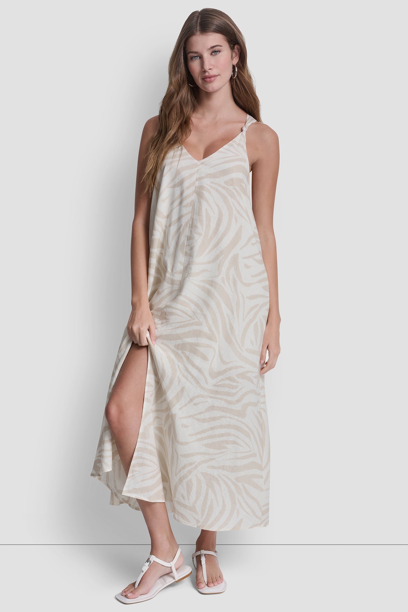 Zebra Eggnog Combo LINEN-BLEND TIE BACK MAXI DRESS, FRONT VIEW | Clothing