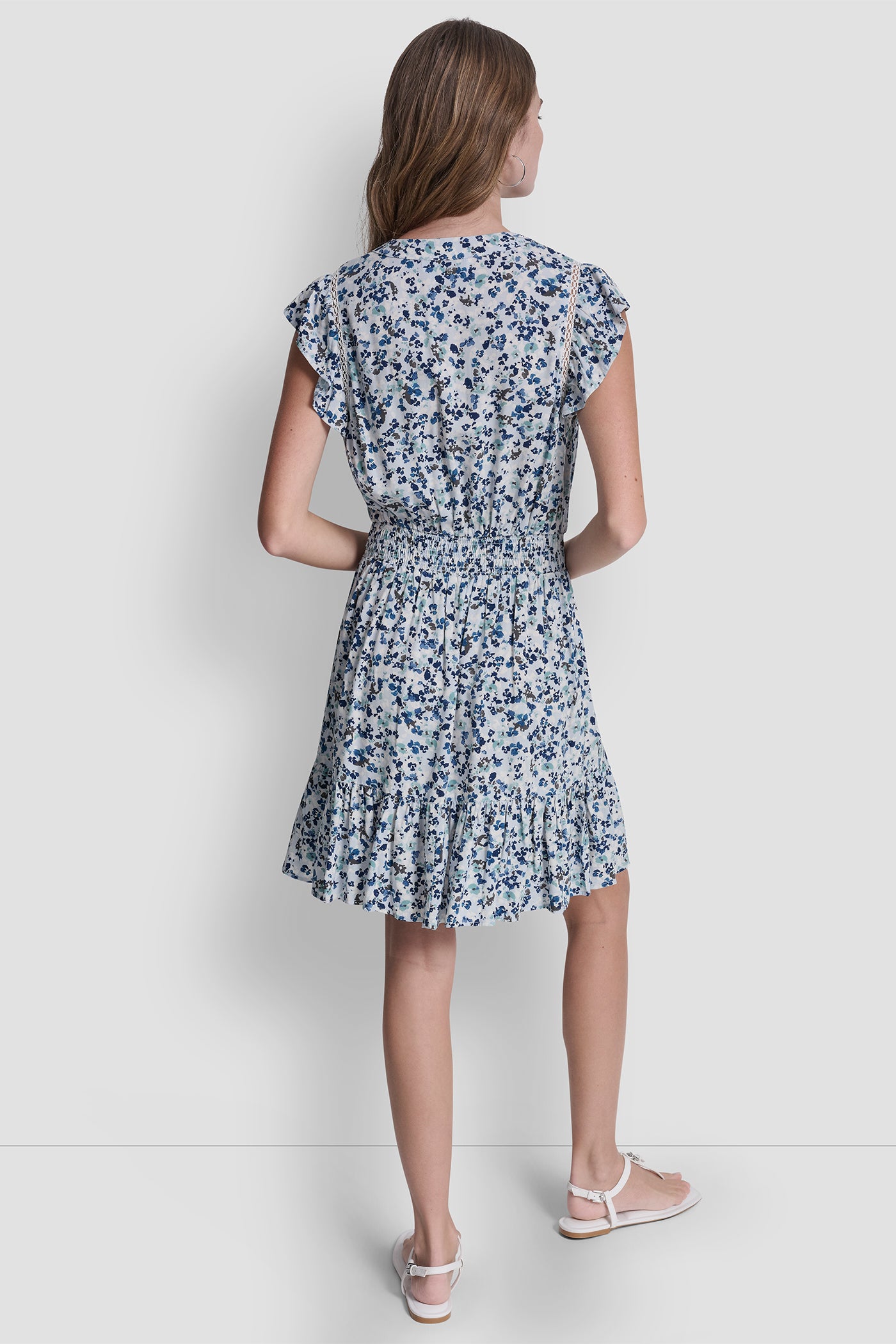 Petite Fleur Coastline SMOCKED WAIST V-NECK DRESS, BACK VIEW | The Vacation Edit