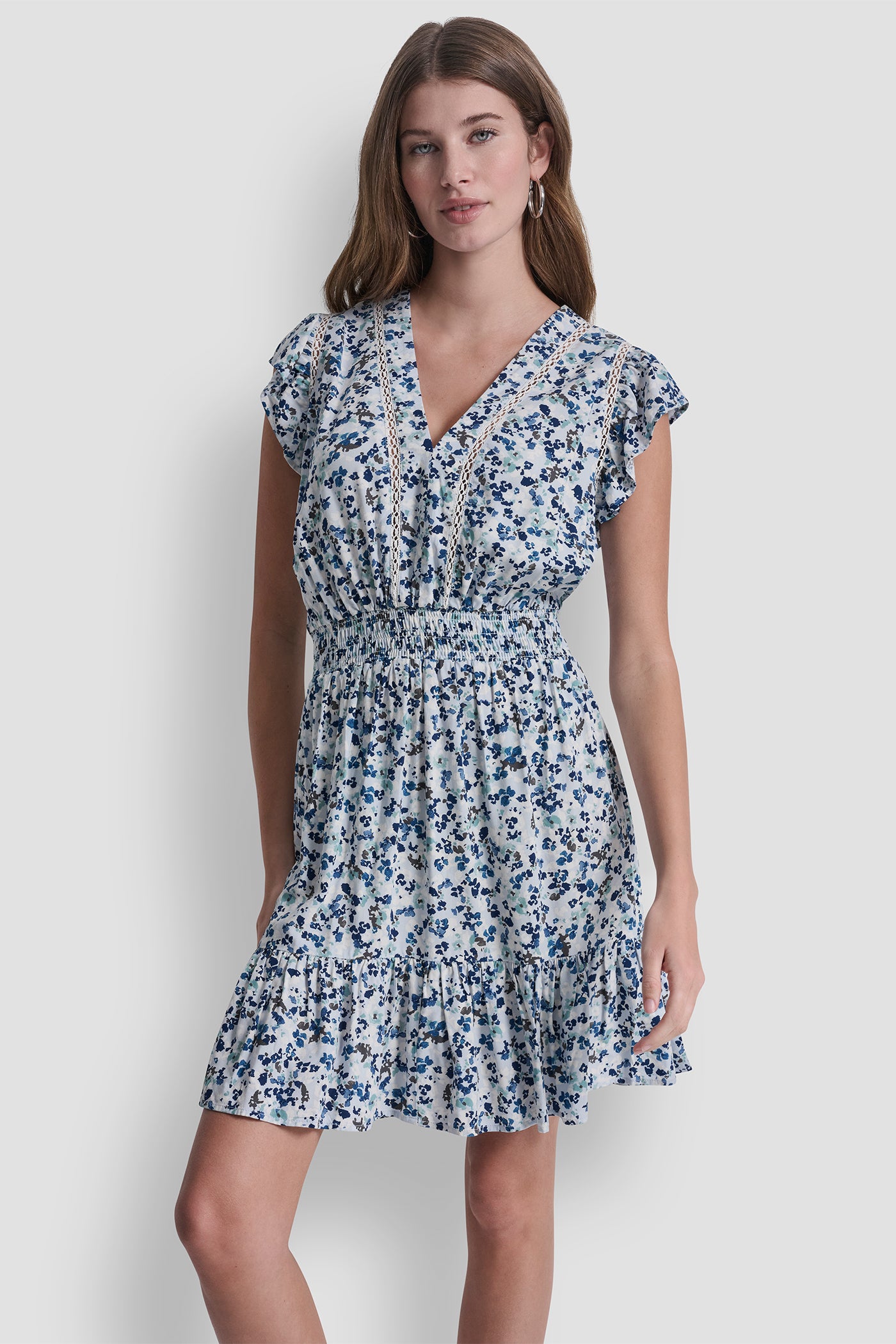 DKNY Women's Smocked Waist V-Neck Dress in Petite Fleur Coastline DKNY Women's Smocked Waist V-Neck Dress in Petite Fleur Coastline