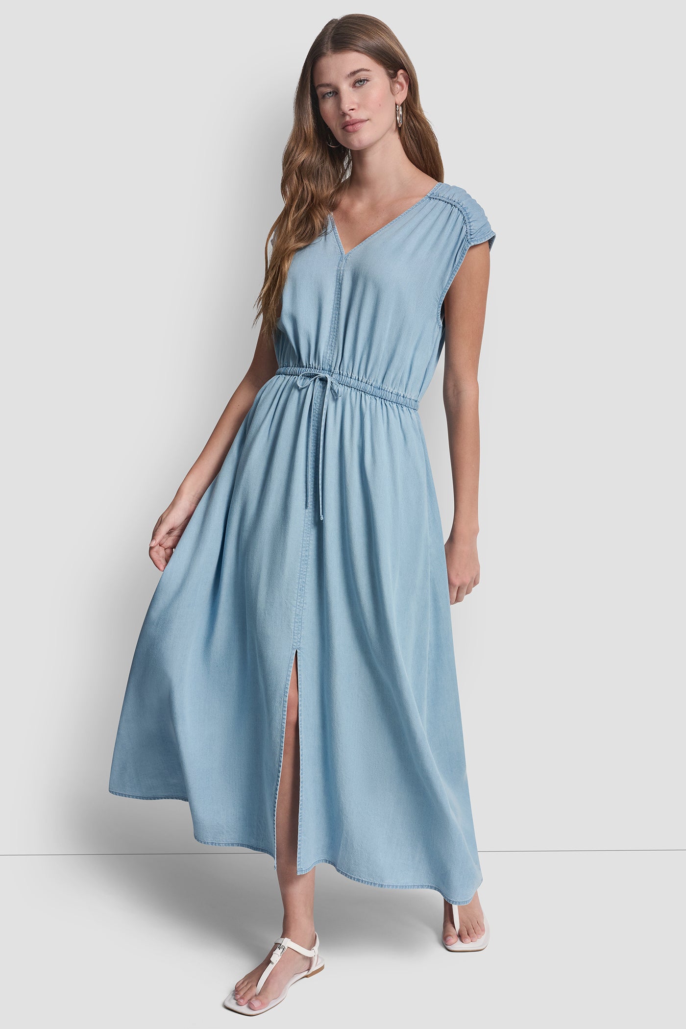 Ruched V Neck Dress With Tie Waist | A-Line Dress