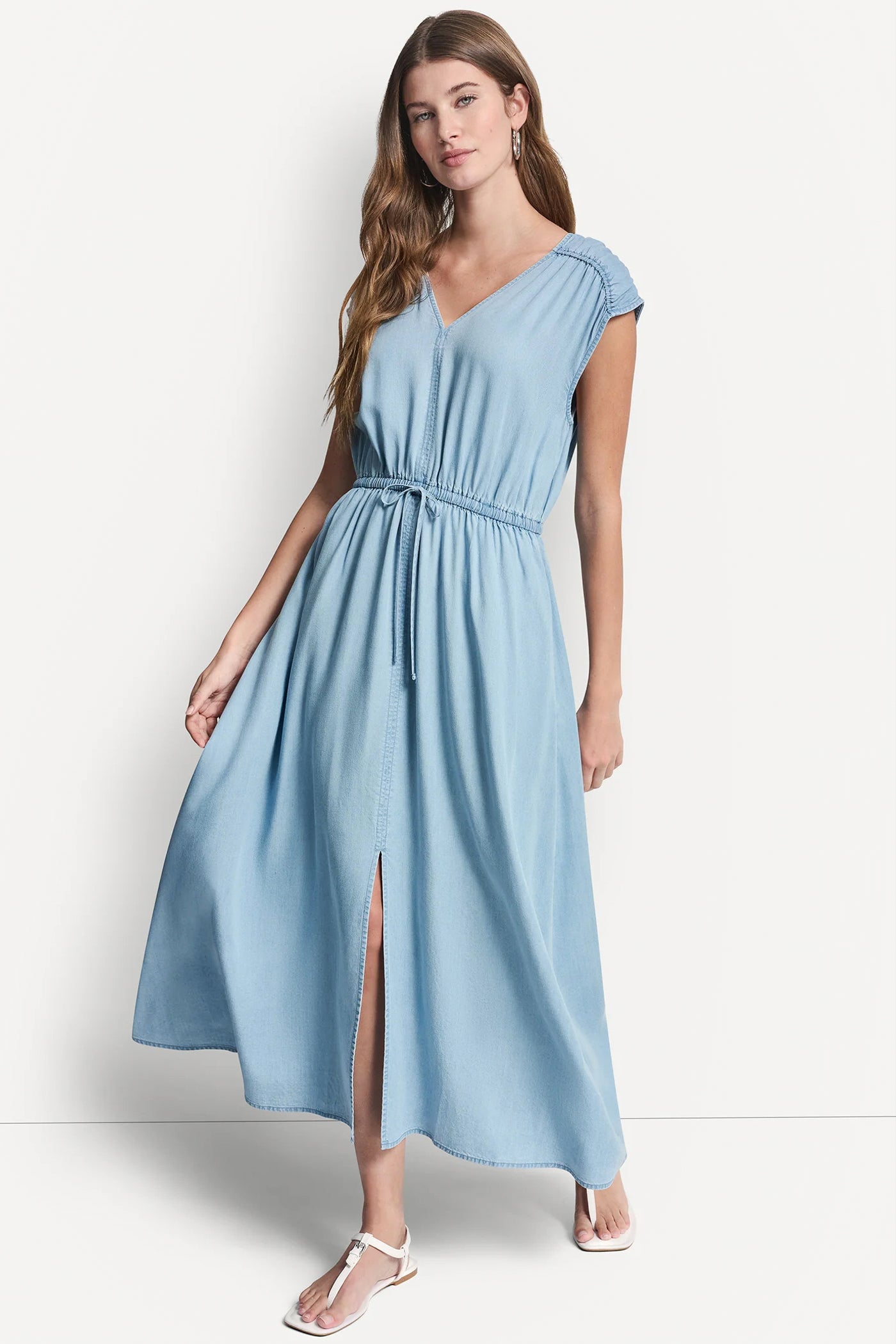 Chambray RUCHED V-NECK DRESS WITH TIE WAIST, VIEW 1 | Dresses Under $100