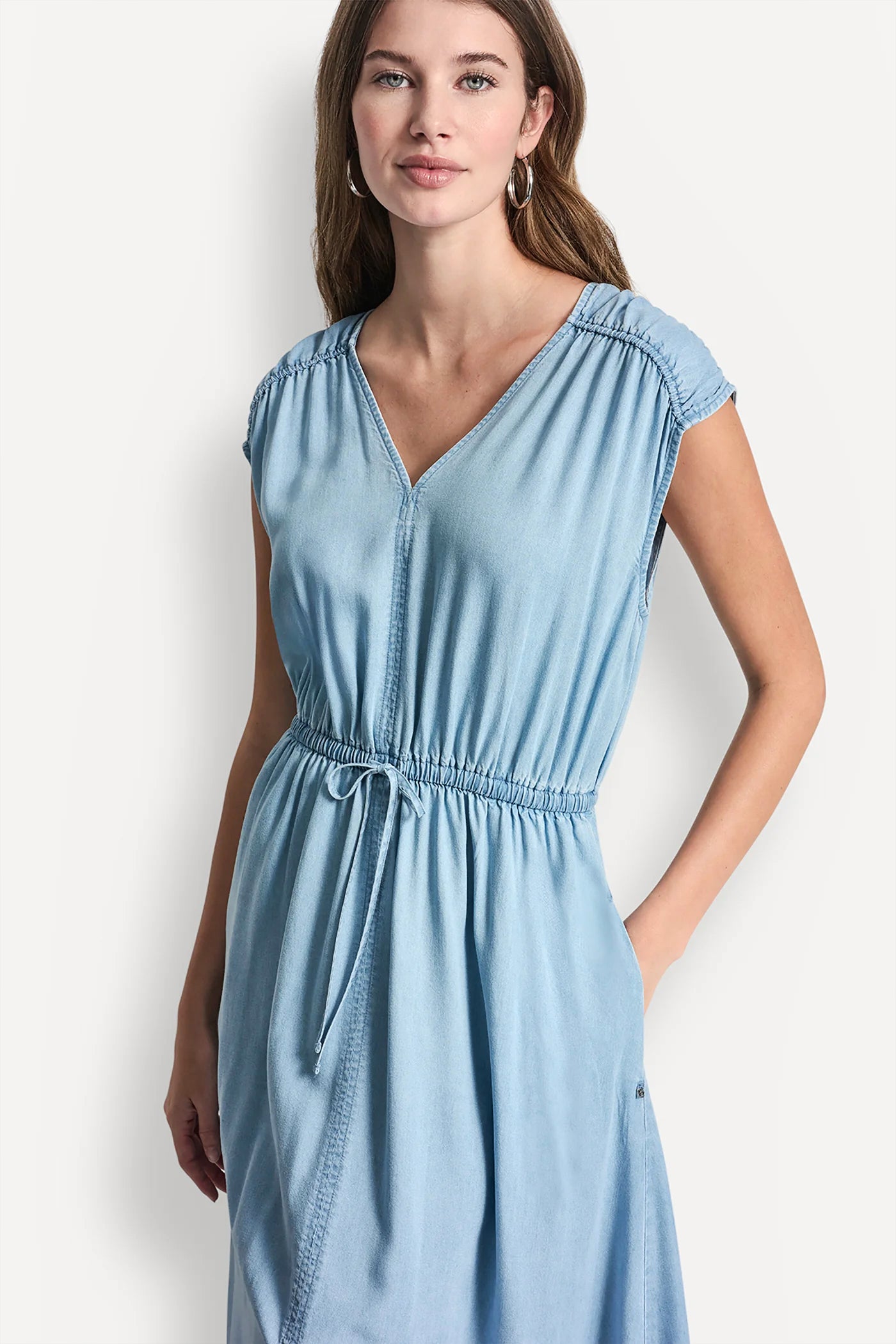 Chambray RUCHED V-NECK DRESS WITH TIE WAIST, VIEW 2 | Dresses Under $100